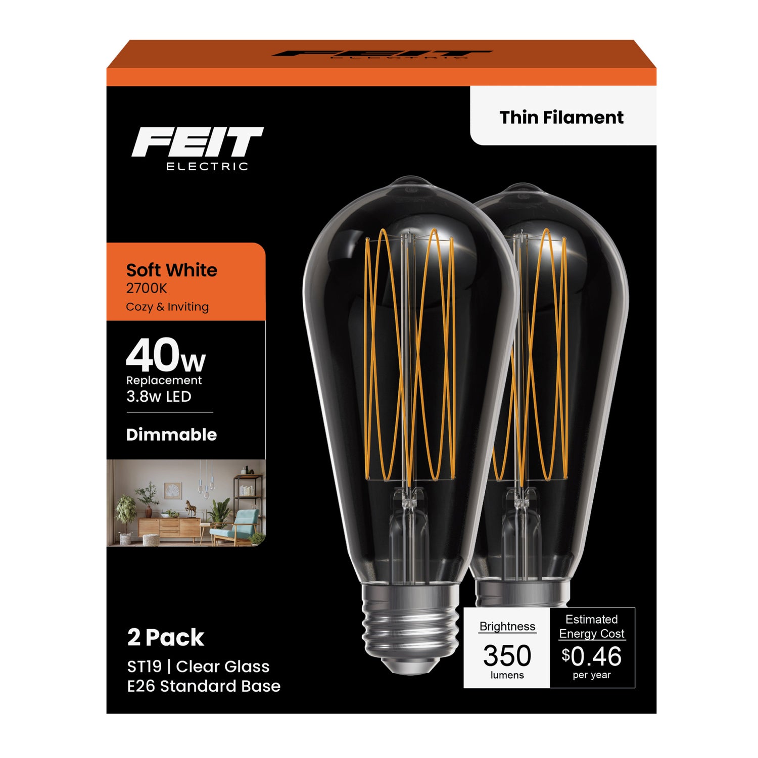 3.8W (40W Replacement) ST19 E26 Dimmable Exposed Thin Filament Clear Glass Vintage Edison LED Light Bulb, Soft White (2-Pack)