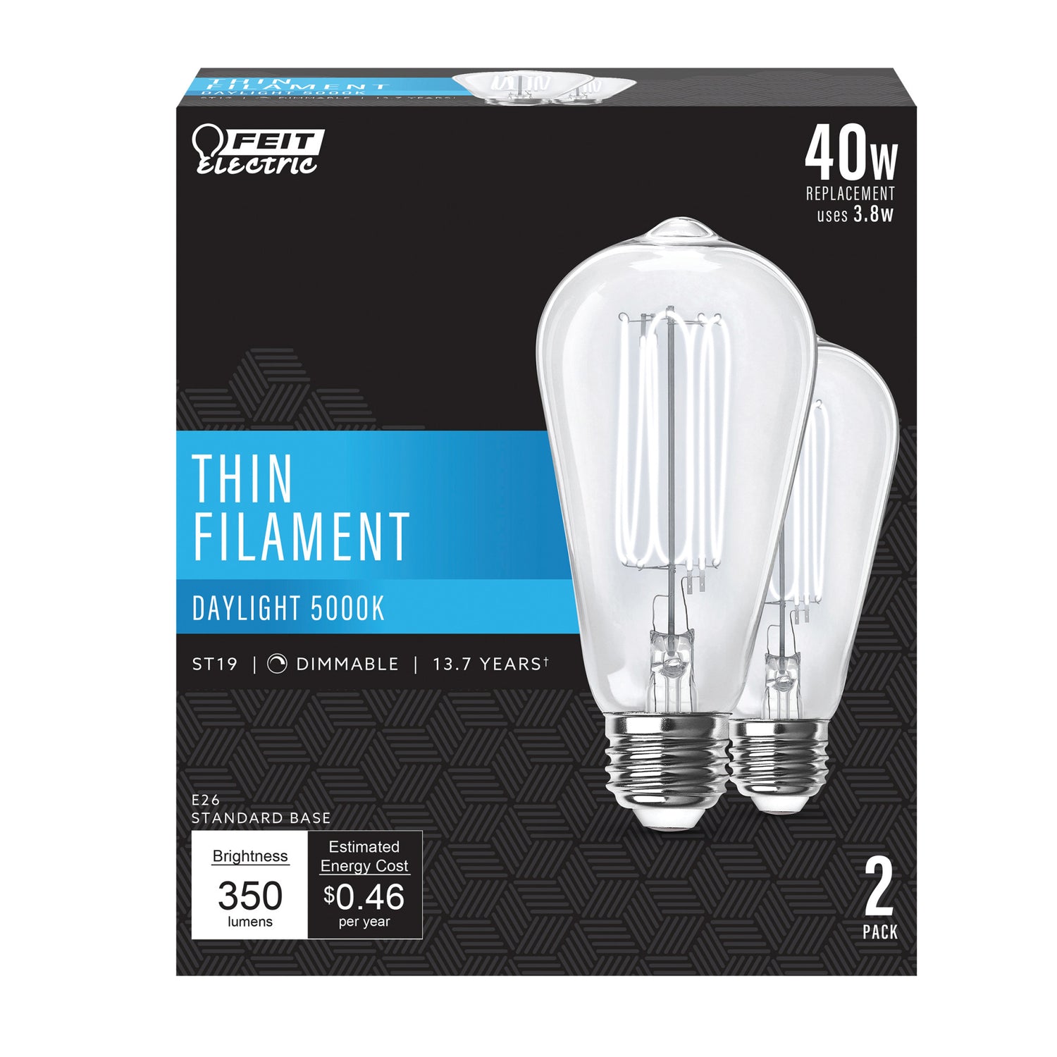 3.8W (40W Equivalent) ST19 E26 Dimmable Exposed Thin Filament Clear Glass Vintage Edison LED Light Bulb, Daylight (2-Pack)
