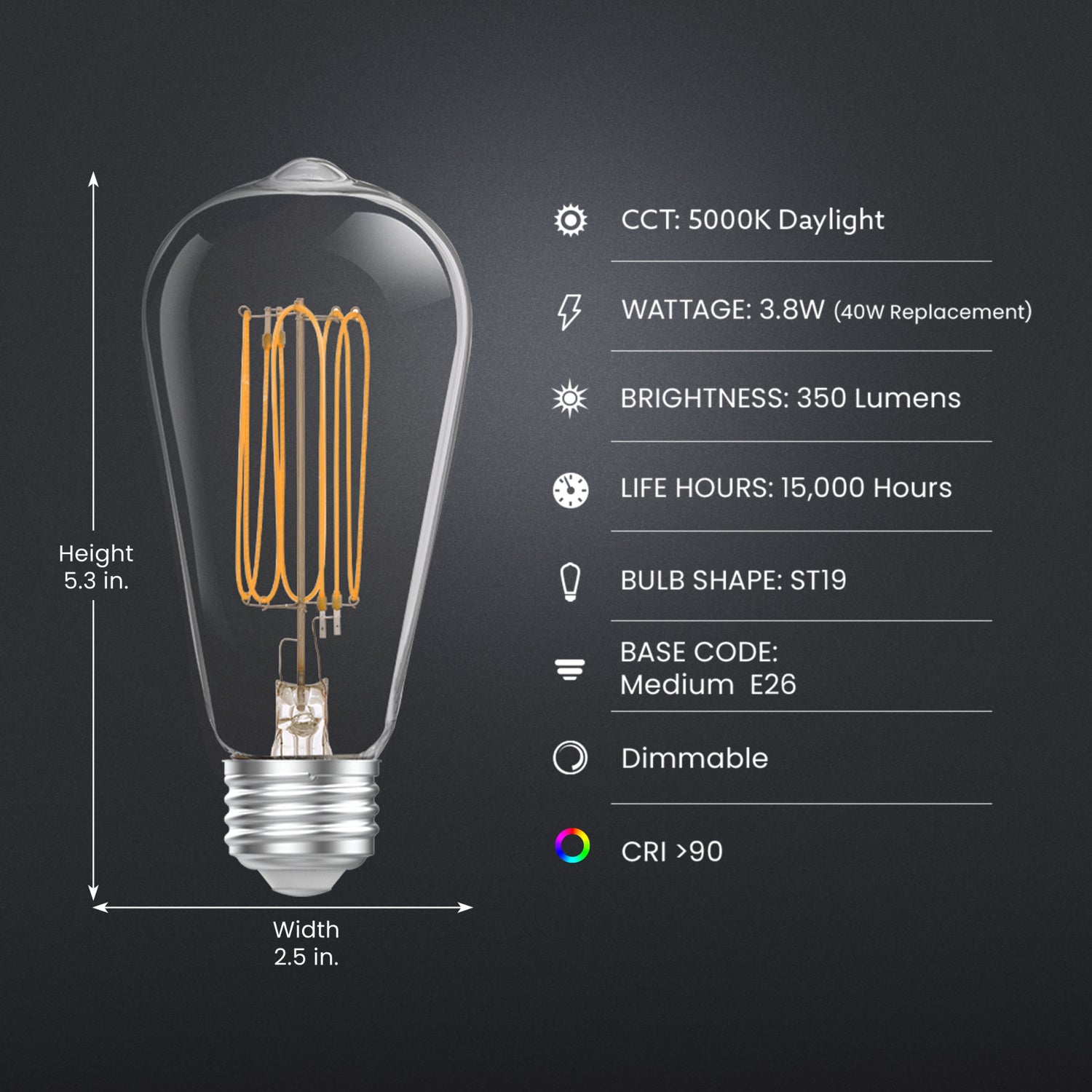 3.8W (40W Equivalent) ST19 E26 Dimmable Exposed Thin Filament Clear Glass Vintage Edison LED Light Bulb, Daylight (2-Pack)