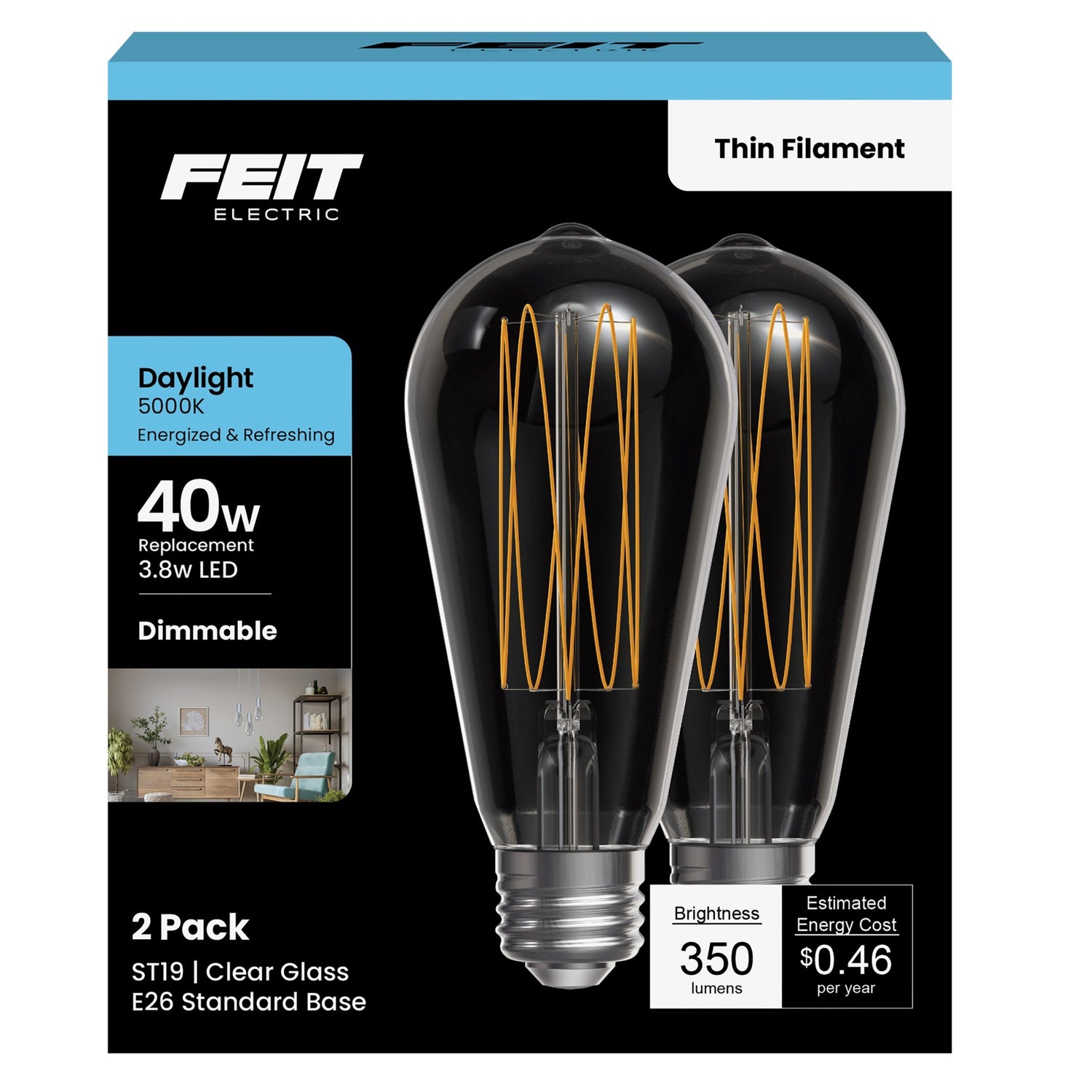 3.8W (40W Equivalent) ST19 E26 Dimmable Exposed Thin Filament Clear Glass Vintage Edison LED Light Bulb, Daylight (2-Pack)