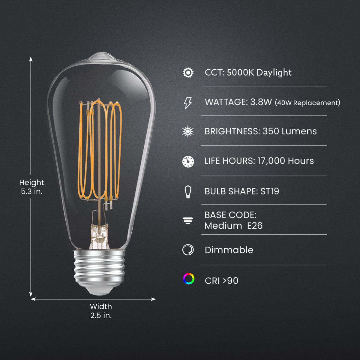 3.8W (40W Equivalent) ST19 E26 Dimmable Exposed Thin Filament Clear Glass Vintage Edison LED Light Bulb, Daylight (2-Pack)