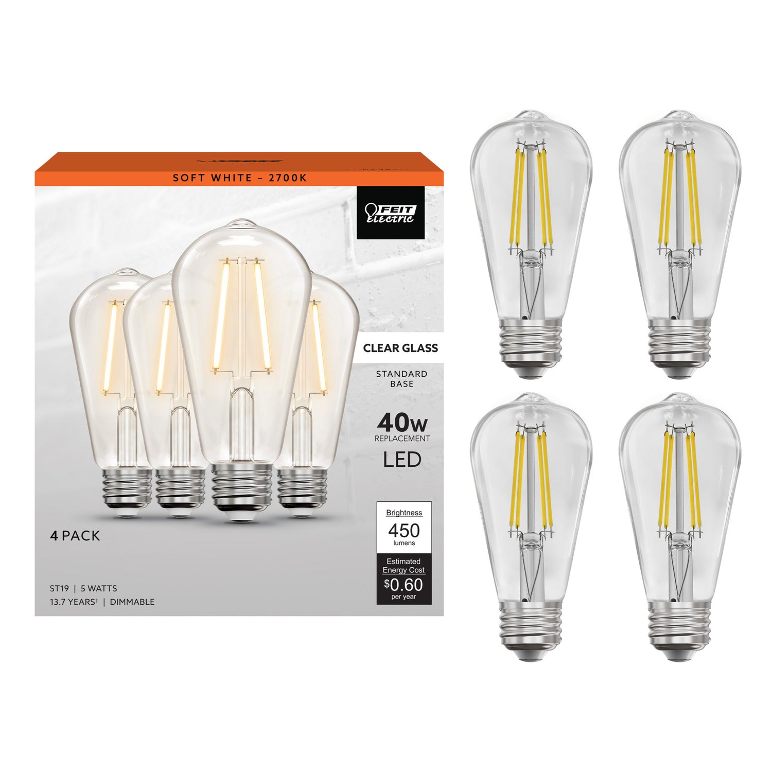 5W (40W Replacement) ST19 E26 Clear Glass Vintage Edison LED Light Bulb, Soft White (4-Pack)