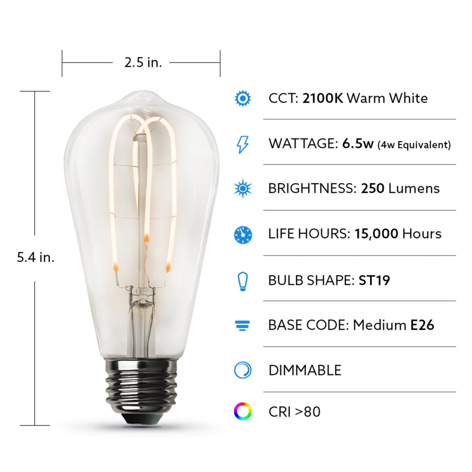 6.5W (40W Replacement) ST19 E26 Dimmable M Shape Filament Clear Glass Vintage Edison LED Light Bulb, Warm Light