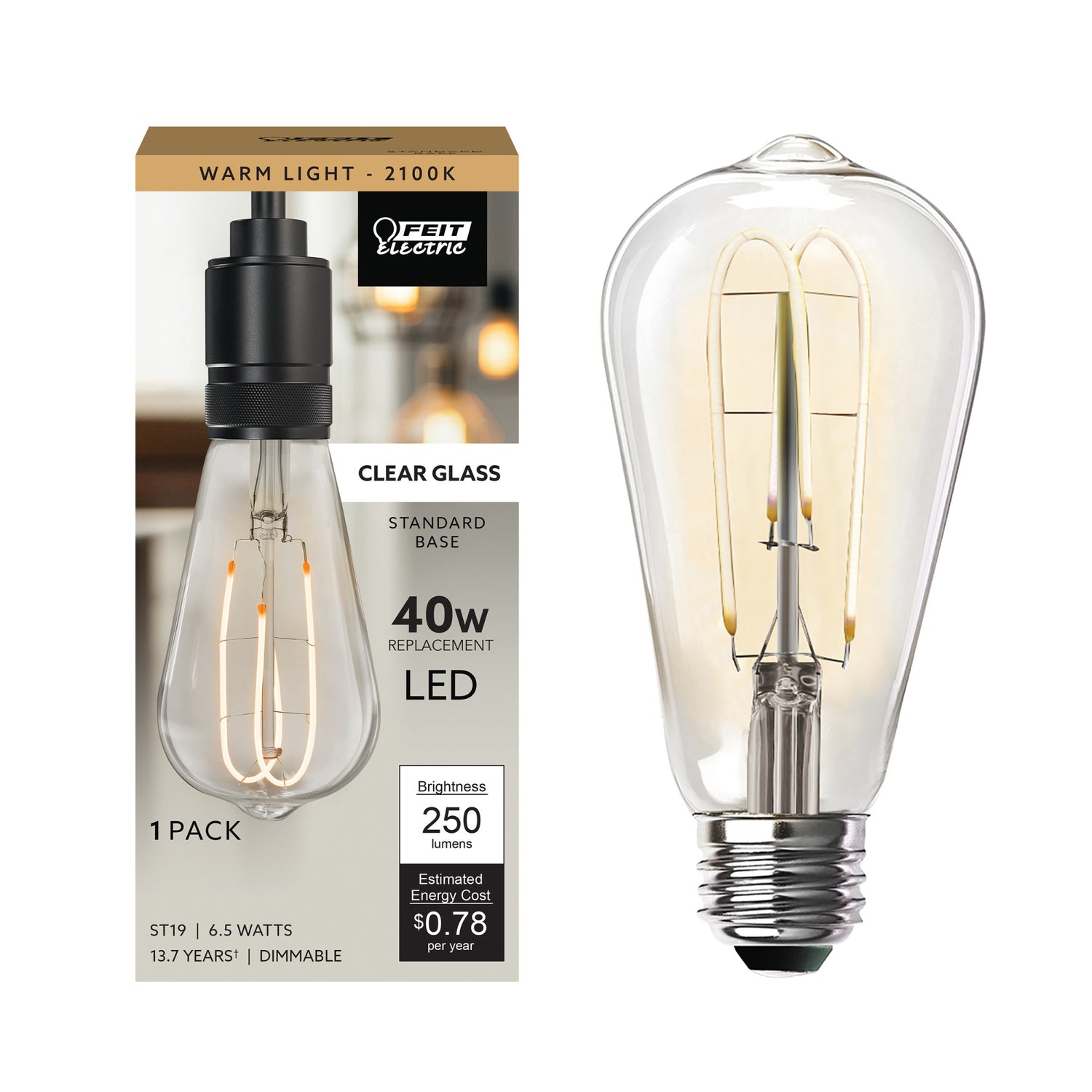 6.5W (40W Replacement) ST19 E26 Dimmable M Shape Filament Clear Glass Vintage Edison LED Light Bulb, Warm Light