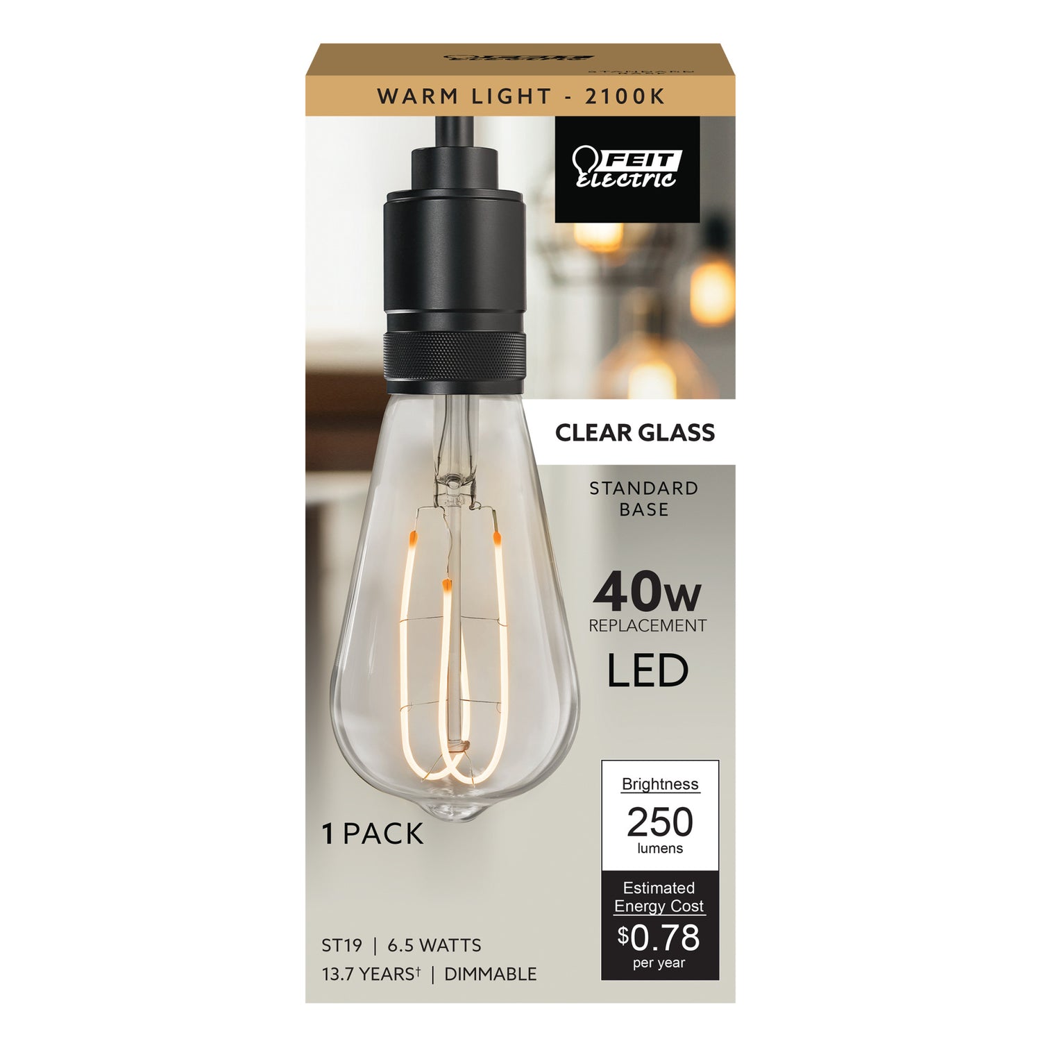 6.5W (40W Replacement) ST19 E26 Dimmable M Shape Filament Clear Glass Vintage Edison LED Light Bulb, Warm Light