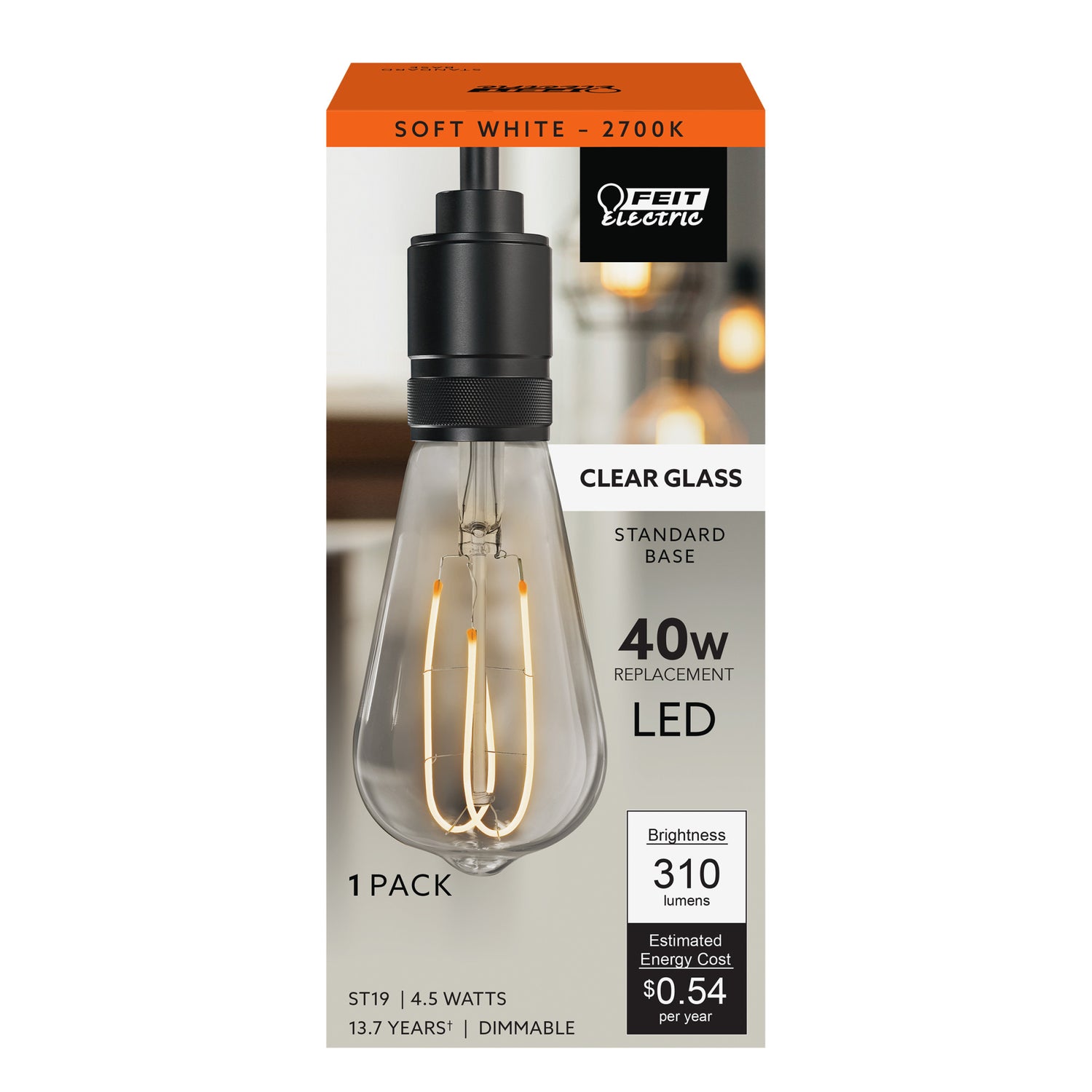 4.5W (40W Replacement) ST19 E26 Dimmable M Shape Filament Clear Glass Vintage Edison LED Light Bulb, Soft White