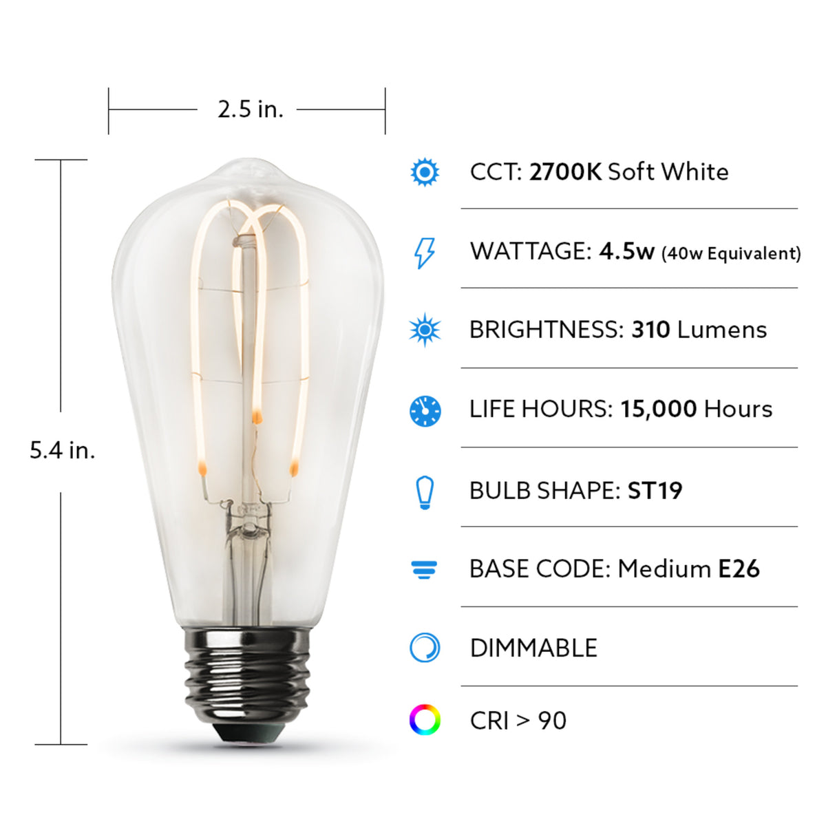 4.5W (40W Replacement) ST19 E26 Dimmable M Shape Filament Clear Glass Vintage Edison LED Light Bulb, Soft White