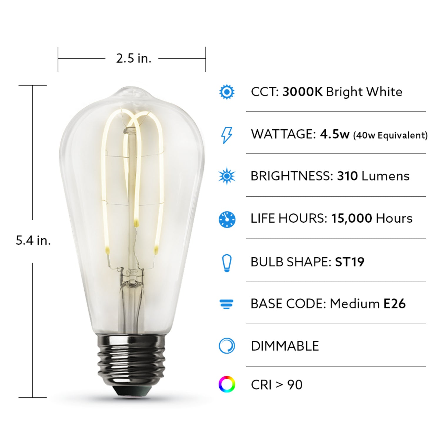 4.5W (40W Replacement) ST19 E26 Dimmable M Shape Filament Clear Glass Vintage Edison LED Light Bulb, Bright White