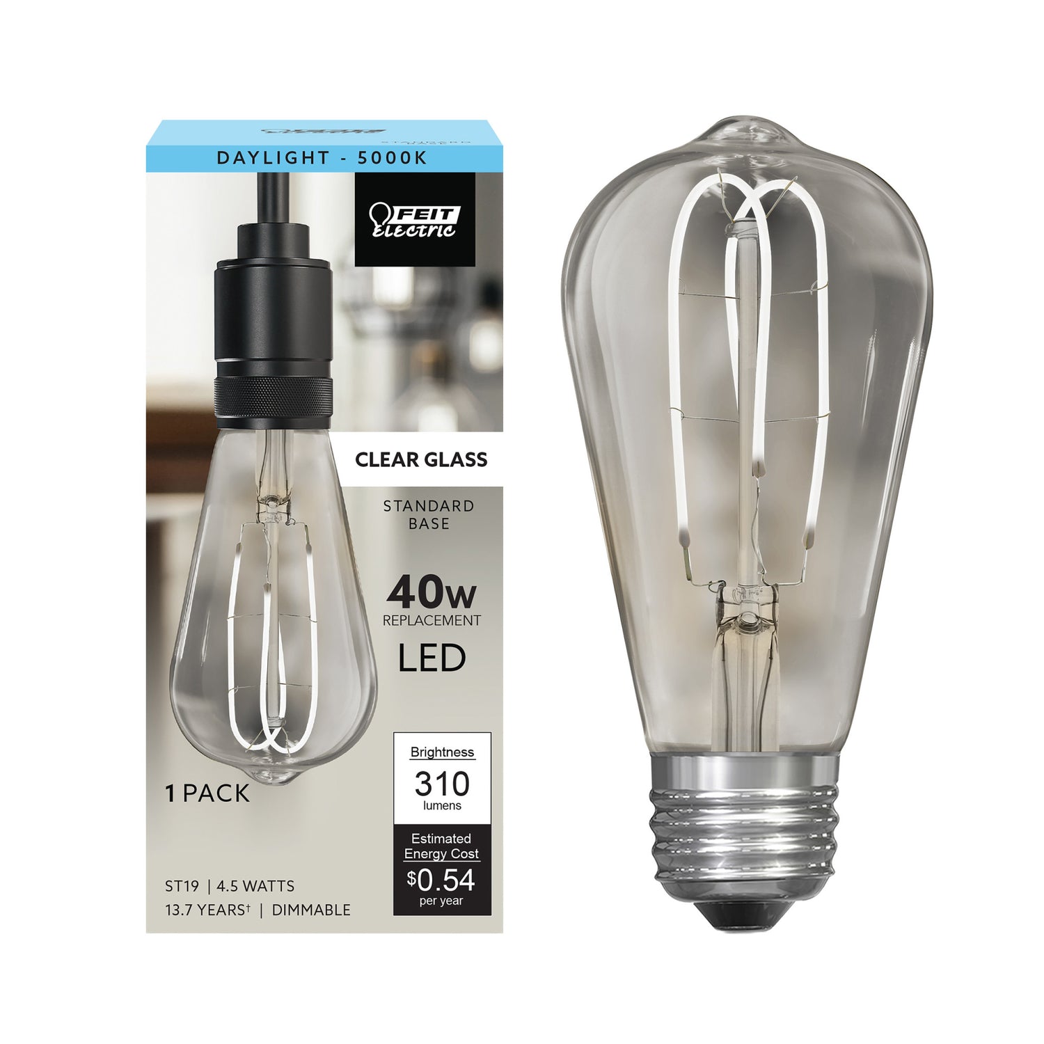 4.5W (60W Replacement) ST19 E26 M Shape Filament Clear Glass Vintage Edison LED Light Bulb, Daylight