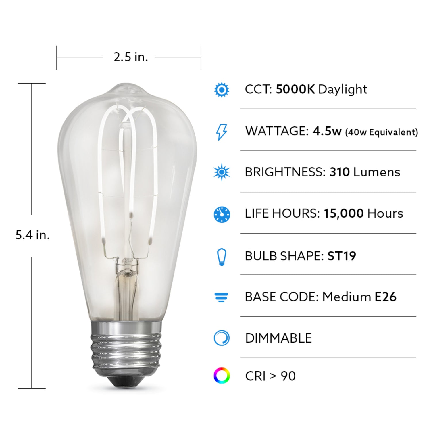 4.5W (60W Replacement) ST19 E26 M Shape Filament Clear Glass Vintage Edison LED Light Bulb, Daylight