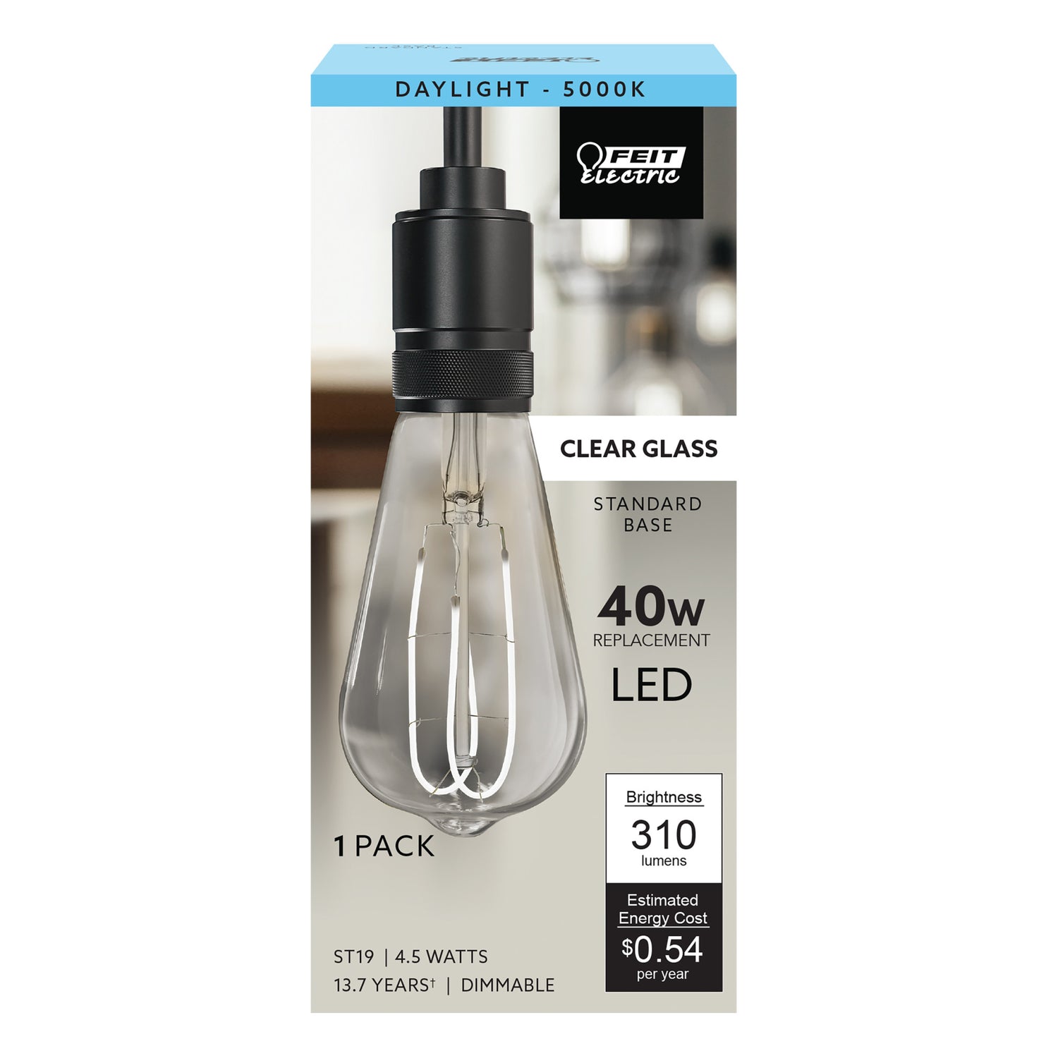 4.5W (60W Replacement) ST19 E26 M Shape Filament Clear Glass Vintage Edison LED Light Bulb, Daylight
