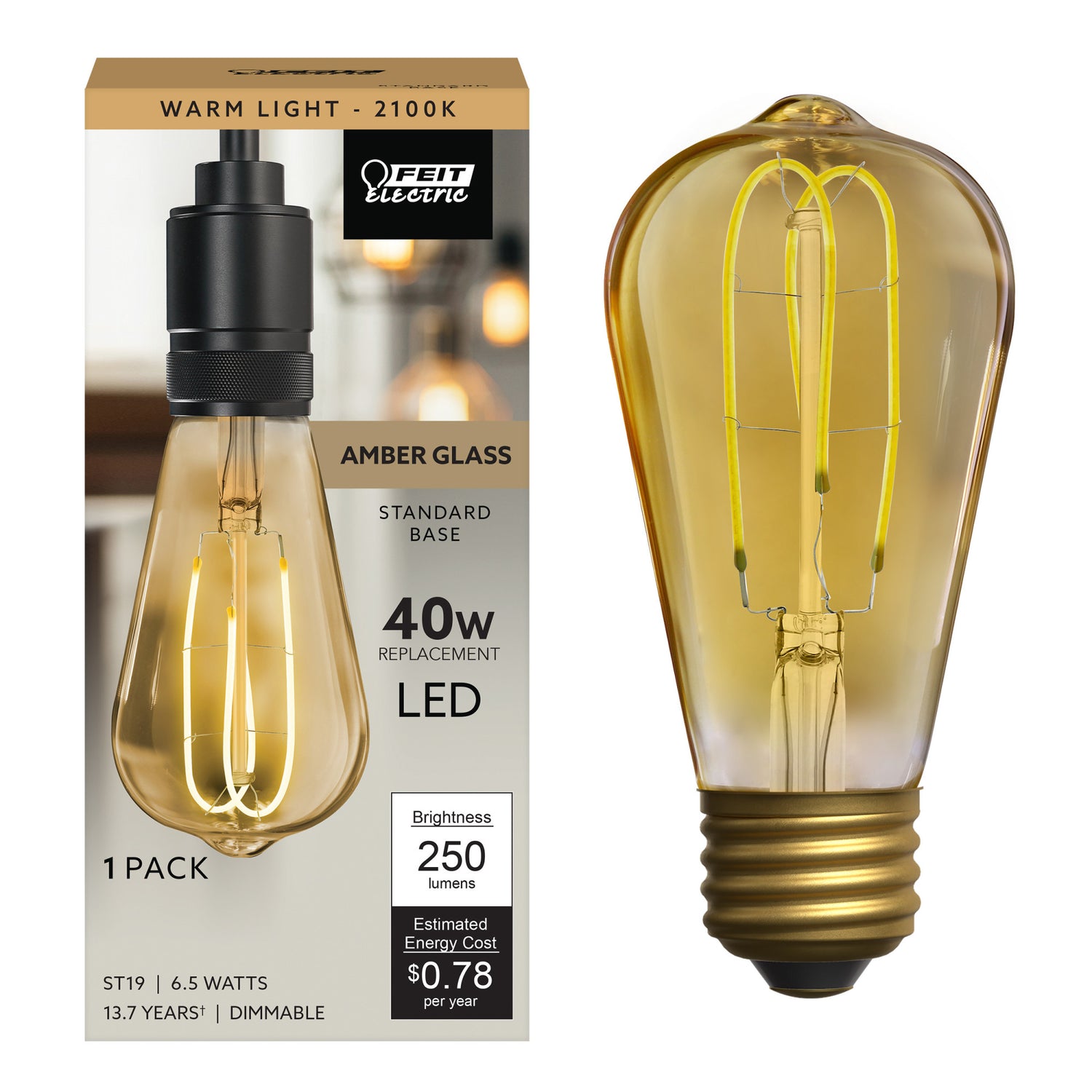 6.5W (40W Replacement) ST19 E26 M Shape Filament Amber Glass Vintage Edison LED Light Bulb, Warm Light