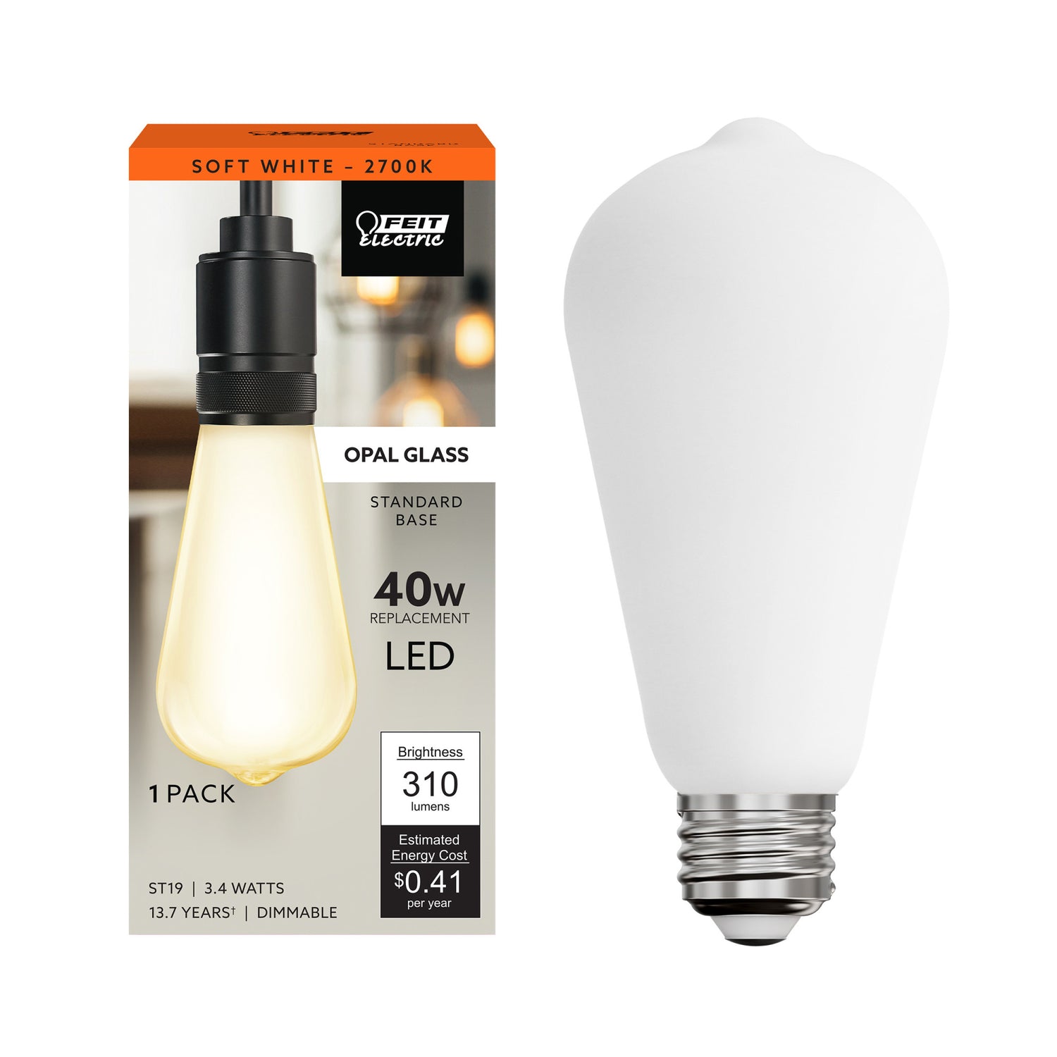 3.4W (40W Replacement) ST19 E26 Dimmable Opal Edison LED Light Bulb, Soft White