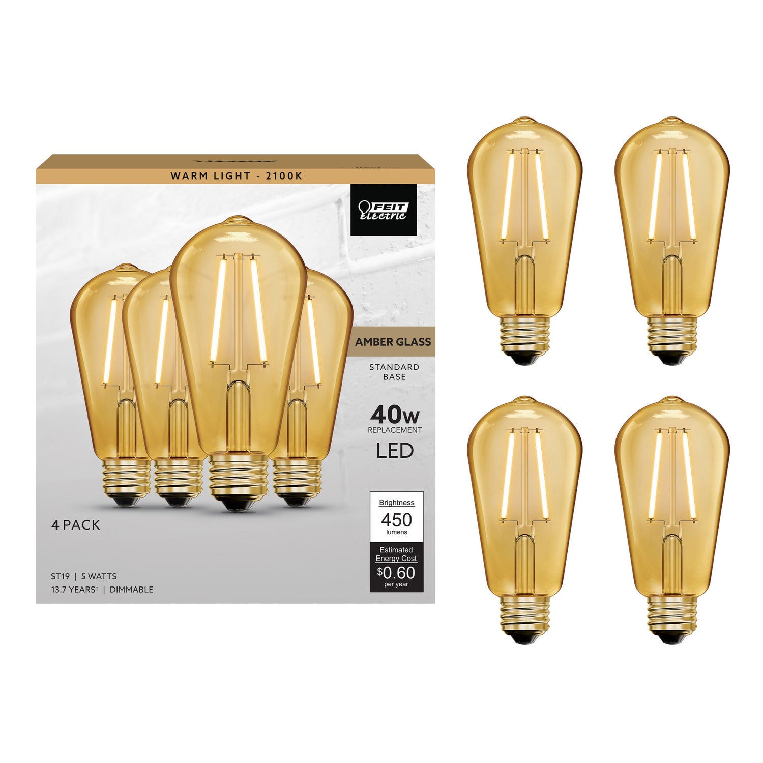 5W (40W Replacement) ST19 E26 Amber Glass Vintage Edison LED Light Bulb, Warm Light (4-Pack)