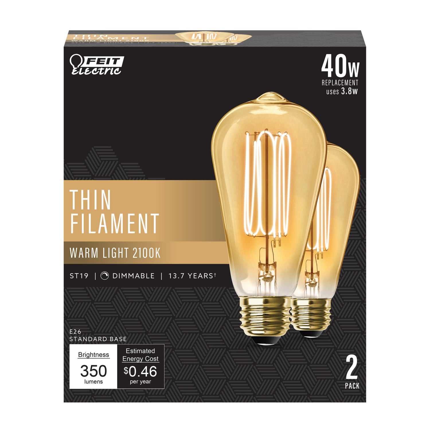 3.8W (40W Equivalent) ST19 E26 Dimmable Exposed Thin Filament Amber Glass Vintage Edison LED Light Bulb, Warm Light (2-Pack)
