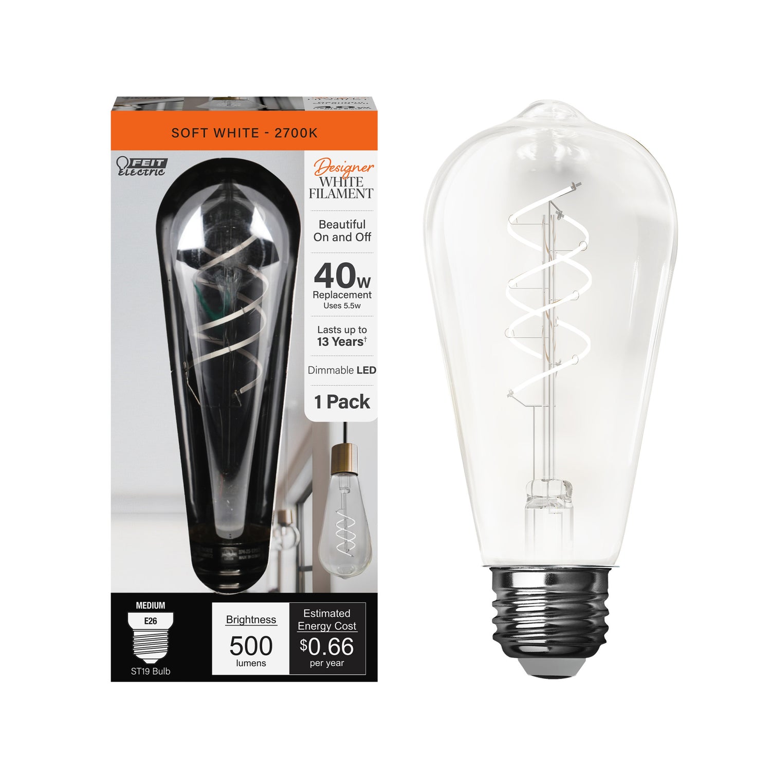 5.5W (40W Equivalent) Soft White (2700K) ST19 Shape (E26 Base) Dimmable LED Spiral Designer White Filament Bulb