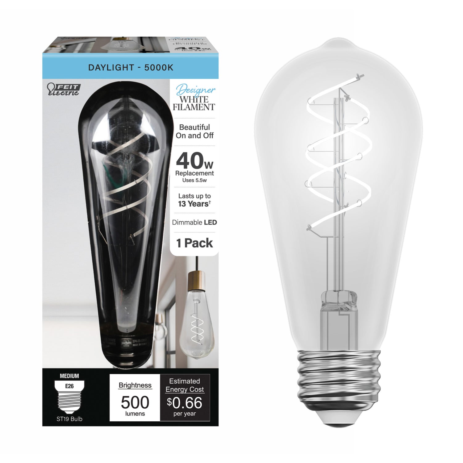 5.5W (40W Equivalent) Daylight (5000K) ST19 Shape (E26 Base) LED Designer Spiral White Filament Bulb