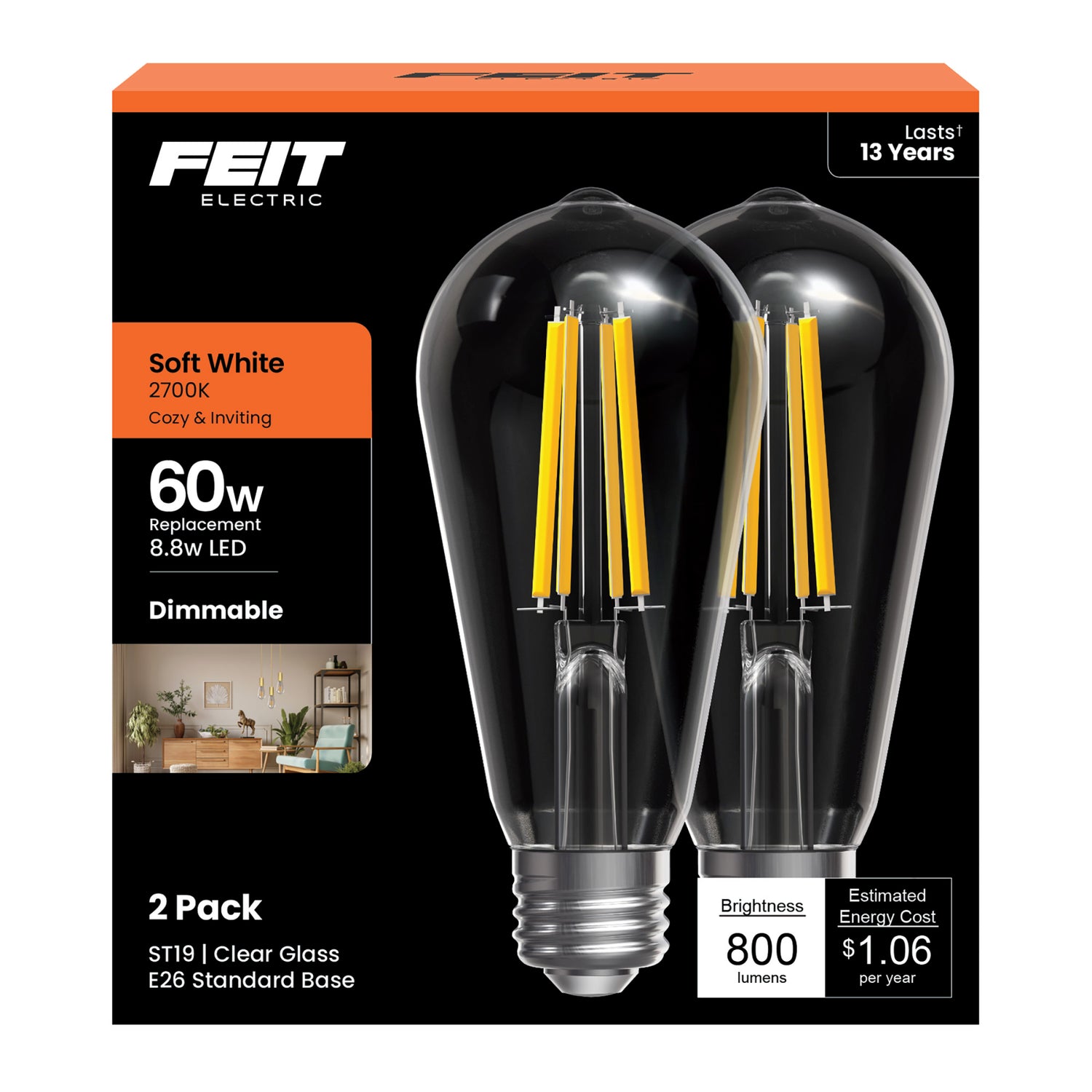 8.8W (60W Replacement) ST19 E26 Dimmable Straight Filament Clear Glass Vintage Edison LED Light Bulb, Soft White (2-Pack)