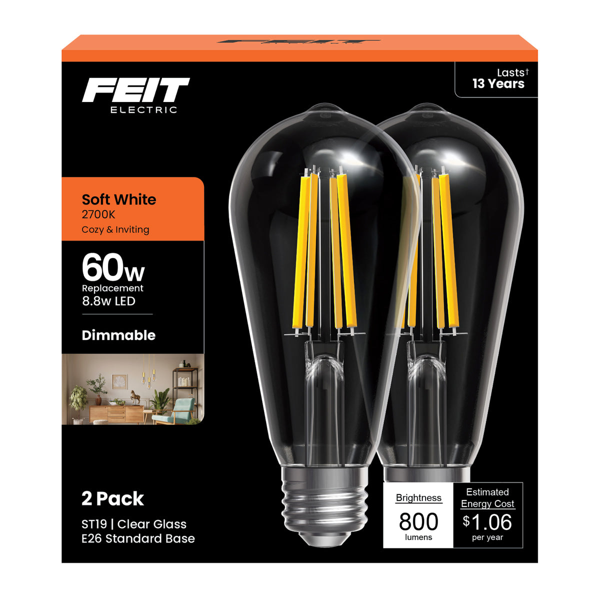 8.8W (60W Replacement) ST19 E26 Dimmable Straight Filament Clear Glass Vintage Edison LED Light Bulb, Soft White (2-Pack)
