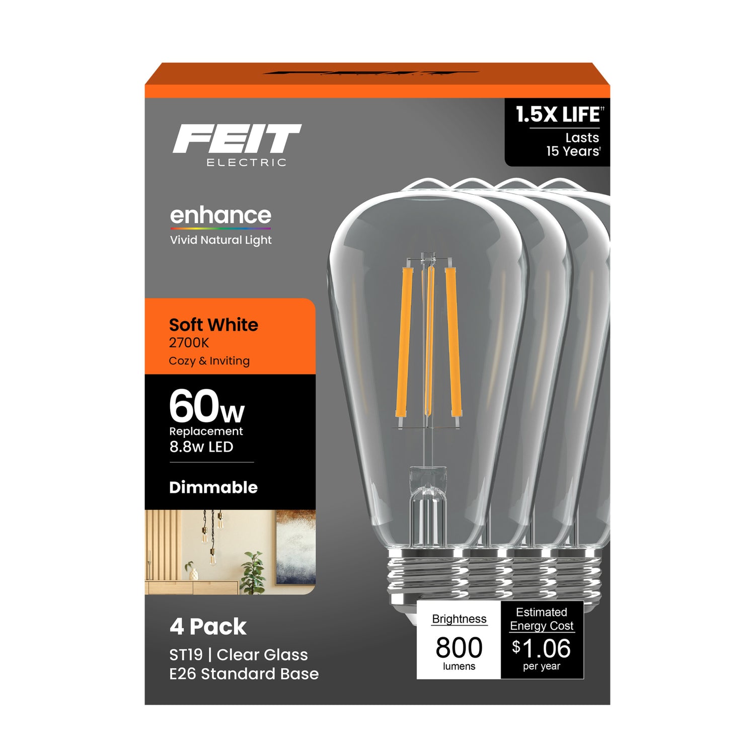 8.8W (60W Replacement) ST19 E26 Dimmable Straight Filament Clear Glass Vintage Edison Enhance LED Light Bulb, Soft White (4-Pack)