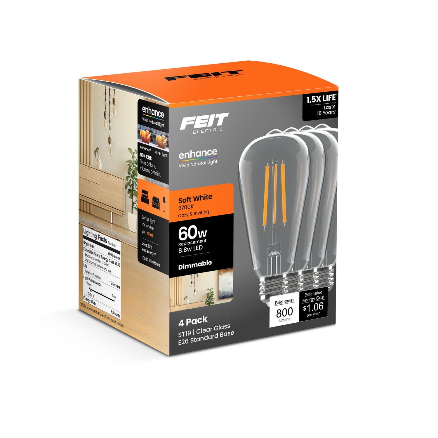 8.8W (60W Replacement) ST19 E26 Dimmable Straight Filament Clear Glass Vintage Edison Enhance LED Light Bulb, Soft White (4-Pack)