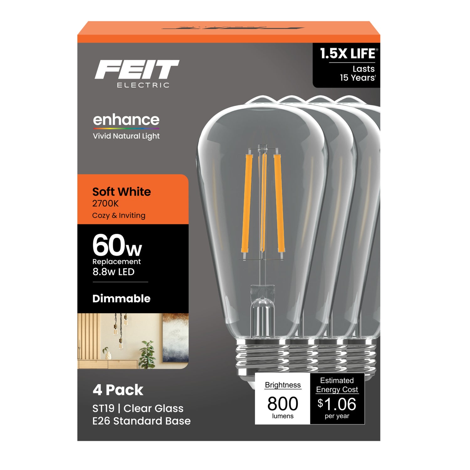 8.8W (60W Replacement) ST19 E26 Dimmable Straight Filament Clear Glass Vintage Edison Enhance LED Light Bulb, Soft White (4-Pack)
