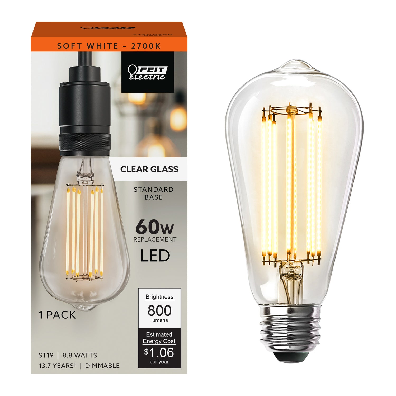 8.8W (60W Replacement) ST19 E26 Dimmable Straight Filament Clear Glass Vintage Edison LED Light Bulb, Soft White