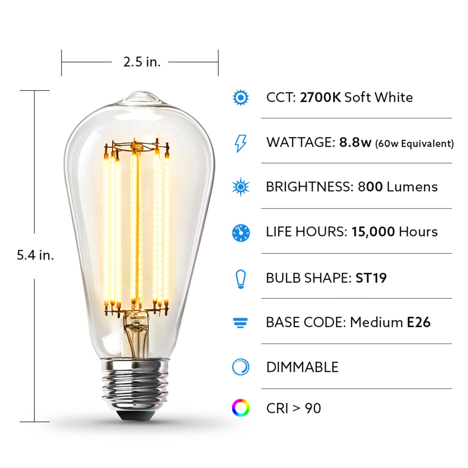 8.8W (60W Replacement) ST19 E26 Dimmable Straight Filament Clear Glass Vintage Edison LED Light Bulb, Soft White