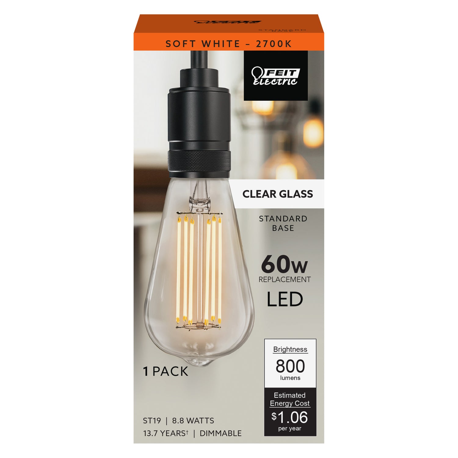 8.8W (60W Replacement) ST19 E26 Dimmable Straight Filament Clear Glass Vintage Edison LED Light Bulb, Soft White