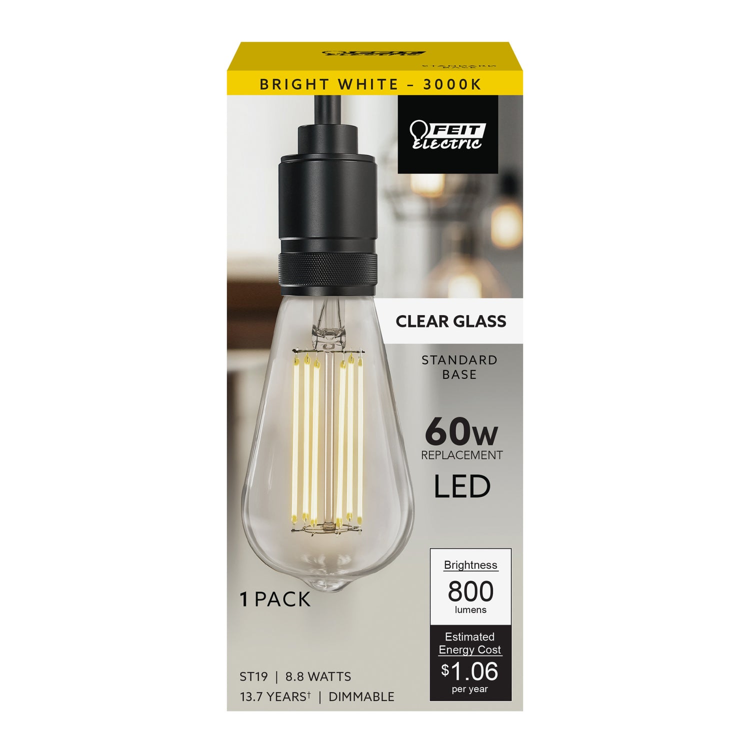 8.8W (60W Replacement) ST19 E26 Dimmable Straight Filament Clear Glass Vintage Edison LED Light Bulb, Bright White