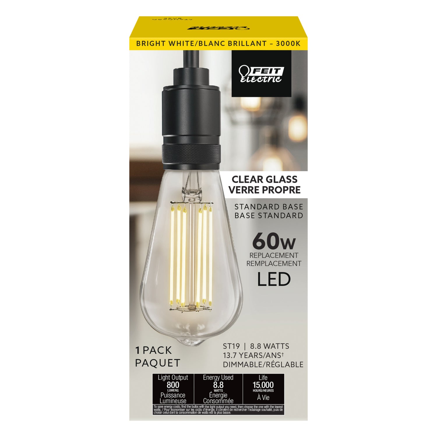 8.8W (60W Replacement) ST19 E26 Dimmable Straight Filament Clear Glass Vintage Edison LED Light Bulb, Bright White