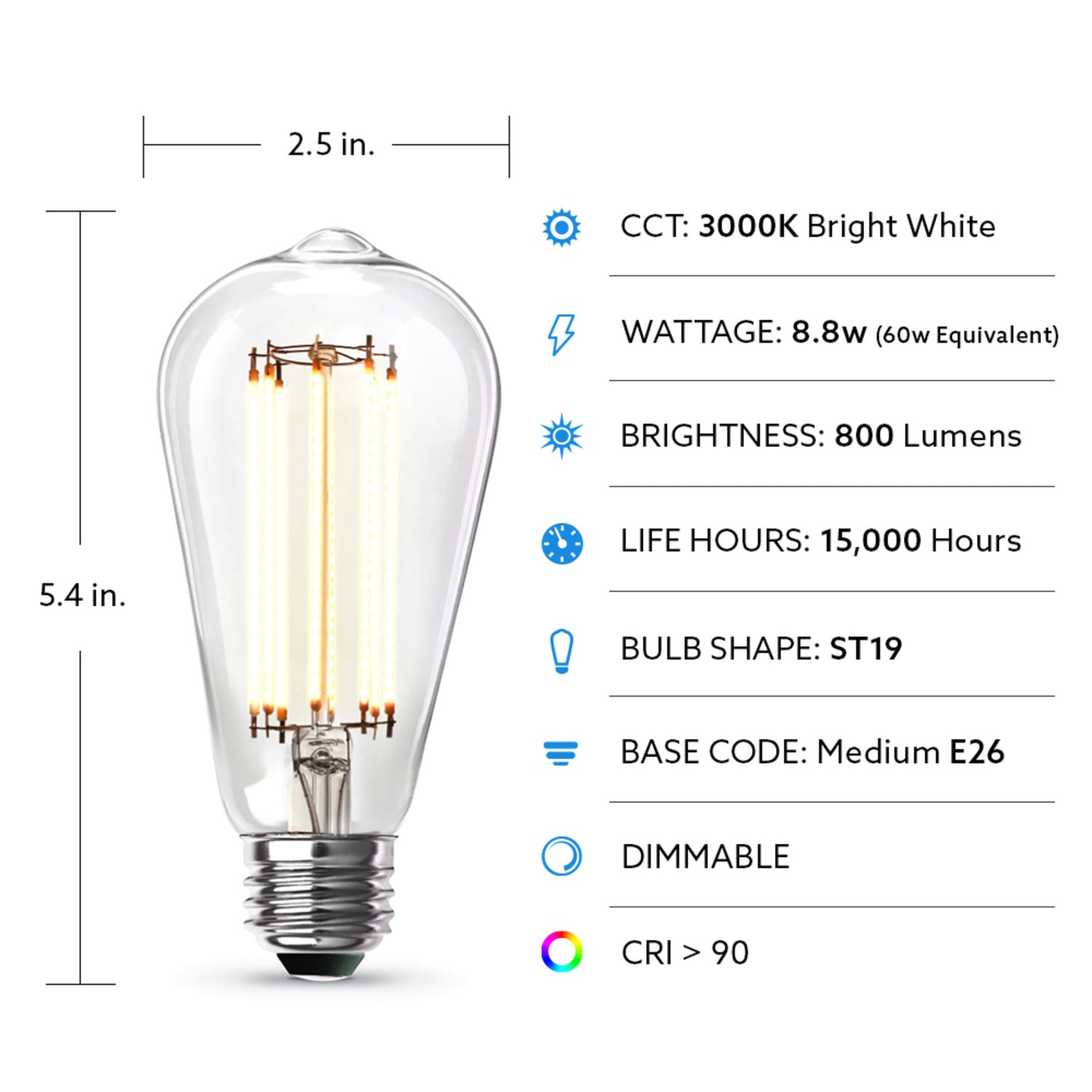 8.8W (60W Replacement) ST19 E26 Dimmable Straight Filament Clear Glass Vintage Edison LED Light Bulb, Bright White