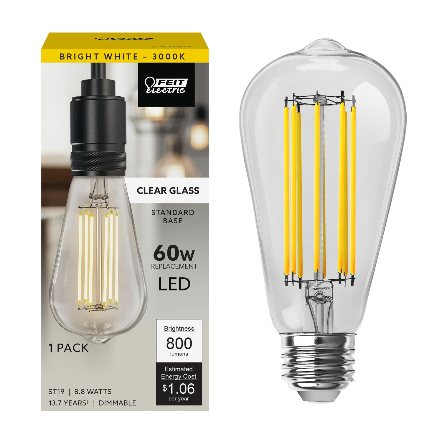 8.8W (60W Replacement) ST19 E26 Dimmable Straight Filament Clear Glass Vintage Edison LED Light Bulb, Bright White