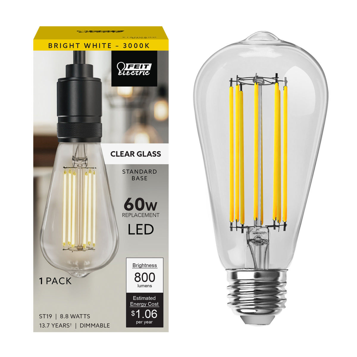 8.8W (60W Replacement) ST19 E26 Dimmable Straight Filament Clear Glass Vintage Edison LED Light Bulb, Bright White