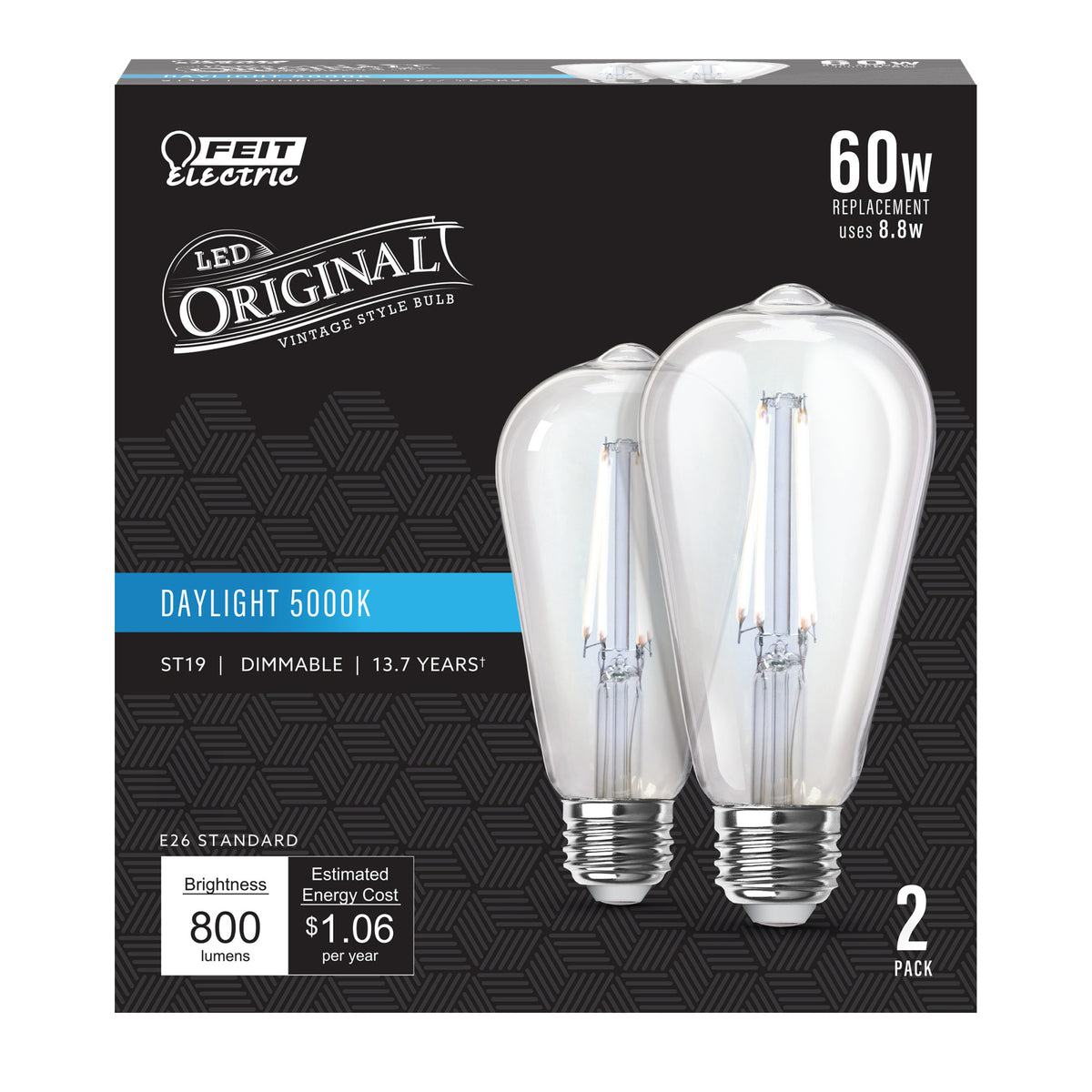 8.8W (60W Replacement) ST19 E26 Dimmable Straight Filament Clear Glass Vintage Edison LED Light Bulb, Daylight (2-Pack)
