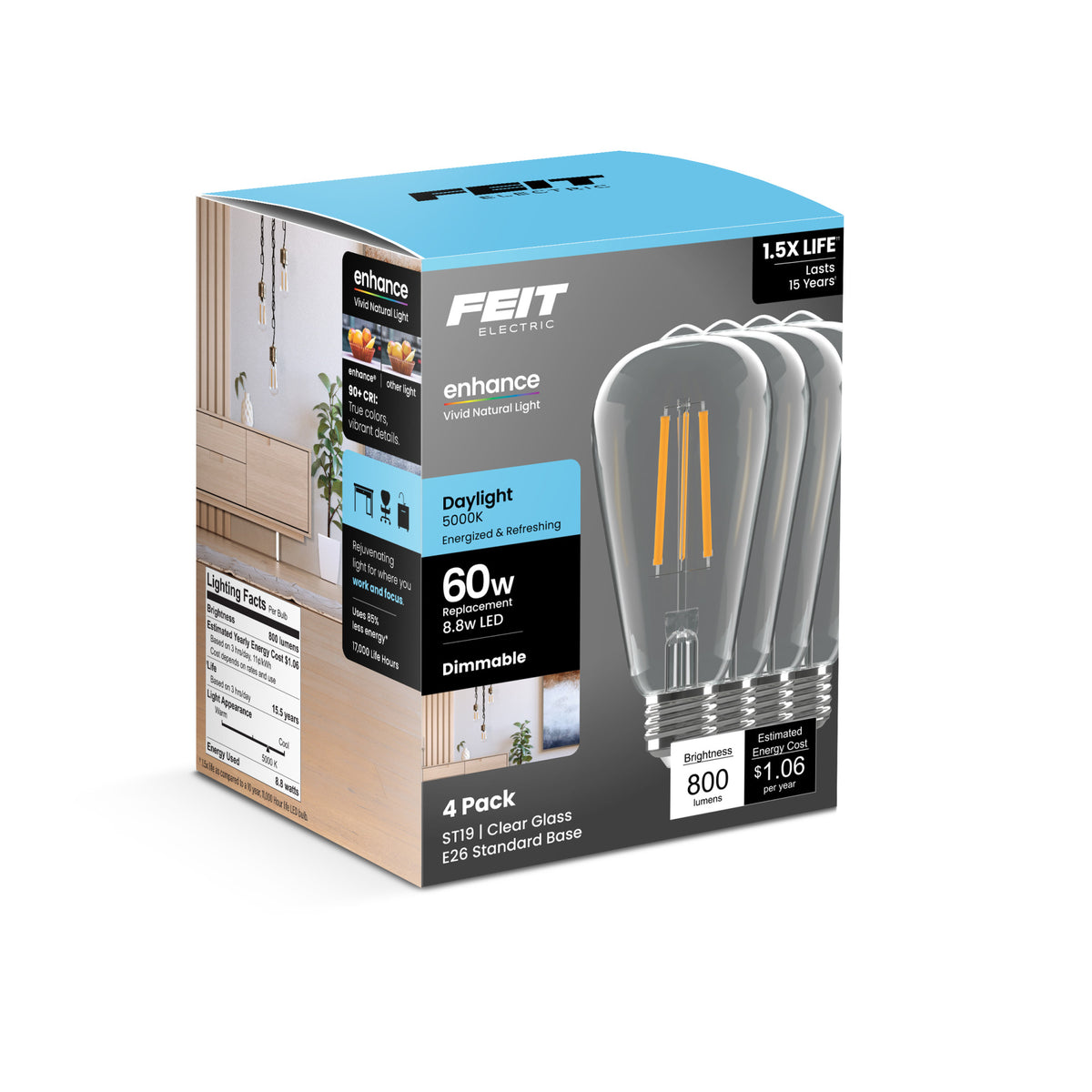 8.8W (60W Replacement) ST19 E26 Dimmable Enhance Straight Filament Clear Glass Vintage Edison LED Light Bulb, Daylight (4-Pack)