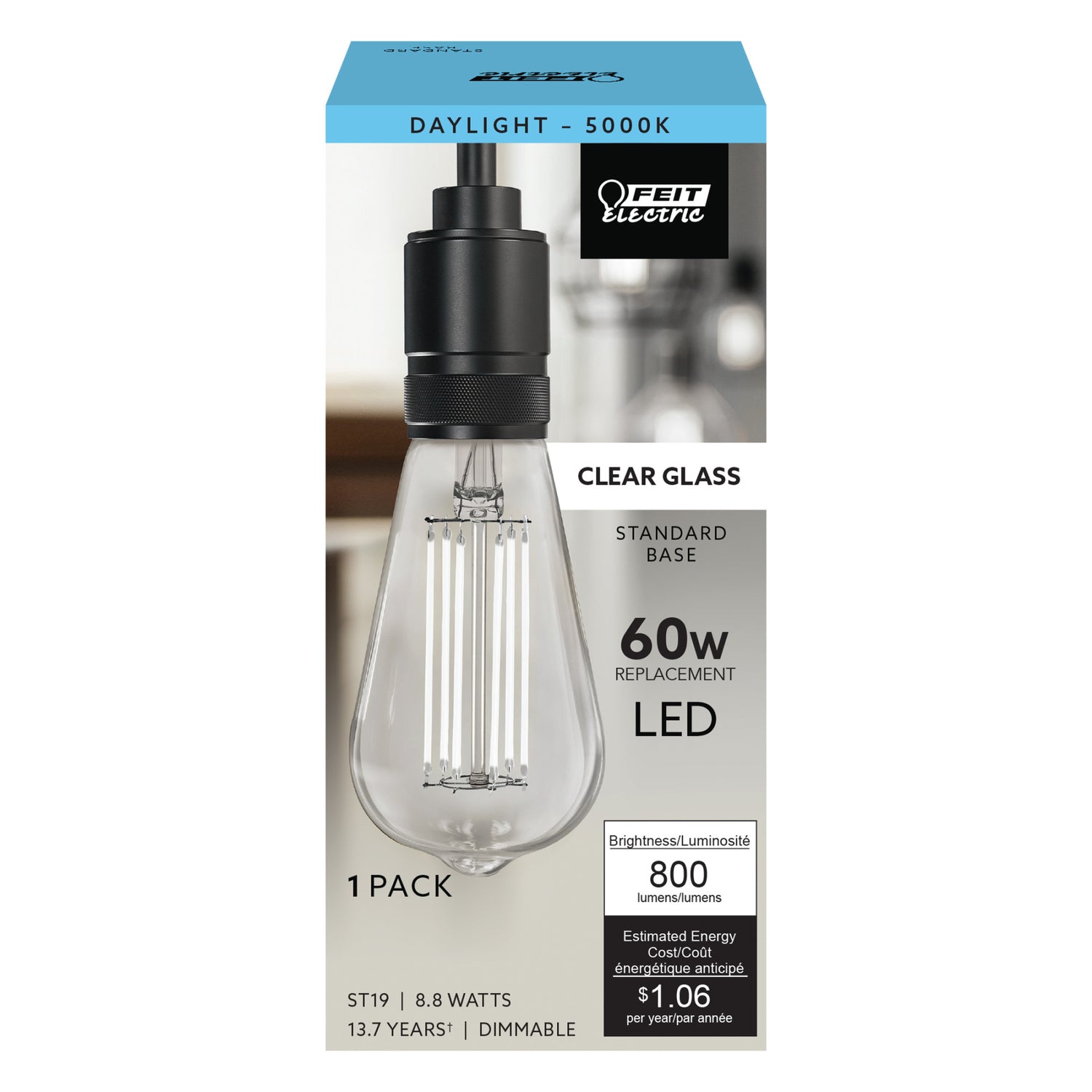 8.8W (60W Replacement) ST19 E26 Dimmable Straight Filament Clear Glass Vintage Edison LED Light Bulb, Daylight