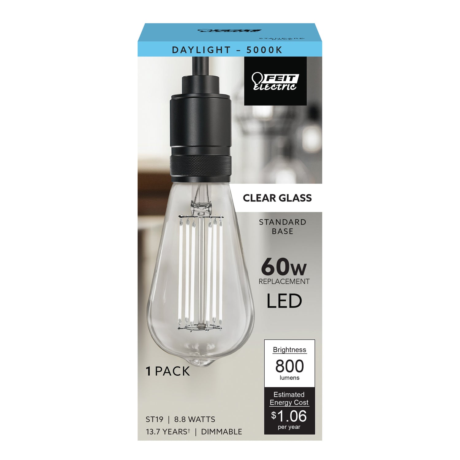 8.8W (60W Replacement) ST19 E26 Dimmable Straight Filament Clear Glass Vintage Edison LED Light Bulb, Daylight