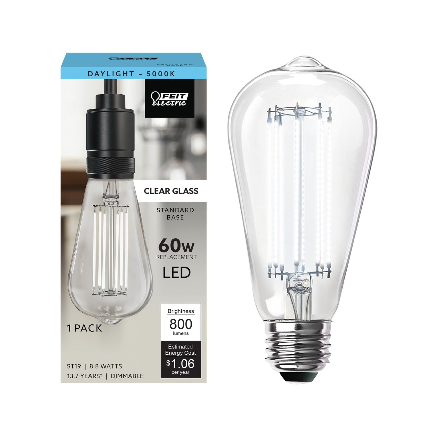 8.8W (60W Replacement) ST19 E26 Dimmable Straight Filament Clear Glass Vintage Edison LED Light Bulb, Daylight
