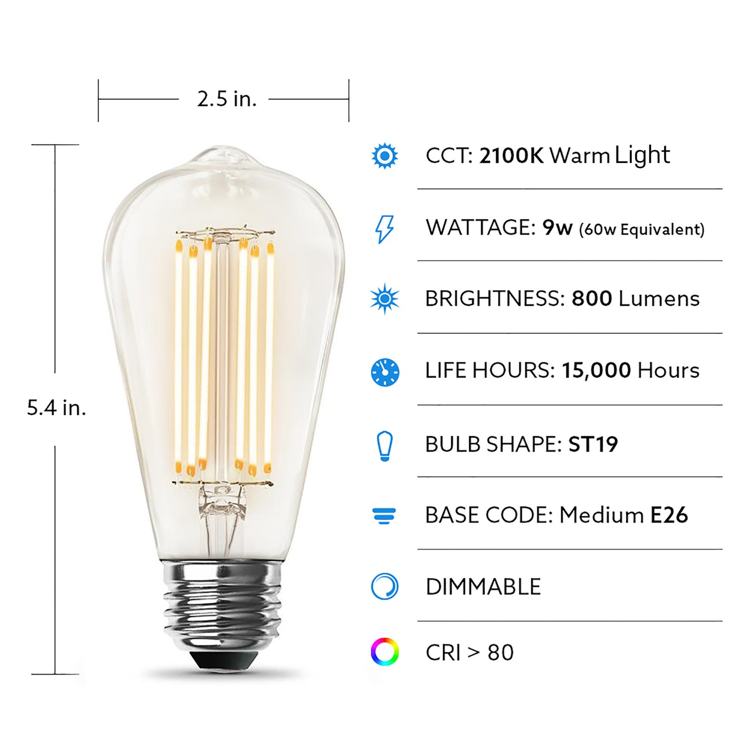 9W (60W Replacement) ST19 E26 Dimmable Cage Filament Clear Glass Vintage Edison LED Light Bulb, Warm Light