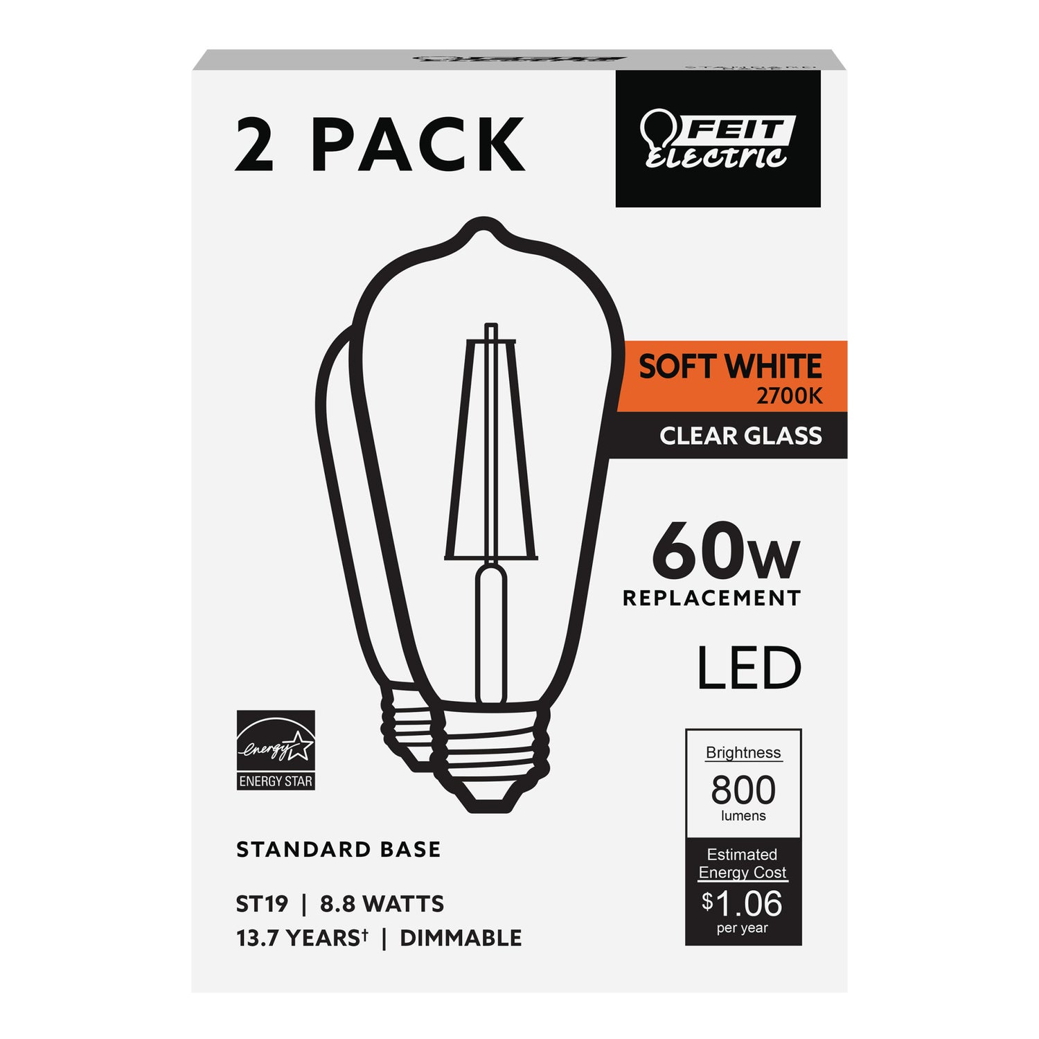 8.8W (60W Replacement) ST19 E26 Dimmable Straight Filament Clear Glass Vintage Edison LED Light Bulb, Soft White (2-Pack)