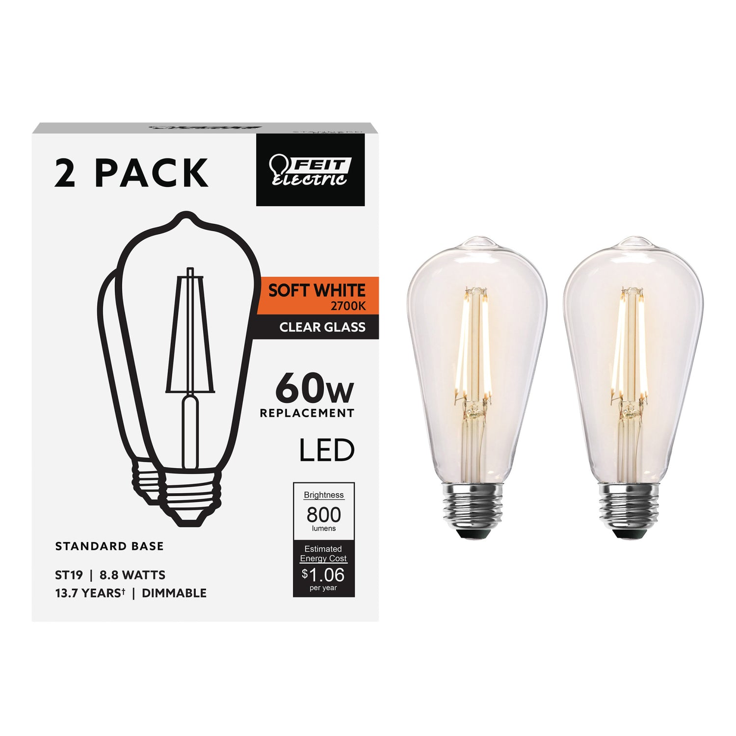 8.8W (60W Replacement) ST19 E26 Dimmable Straight Filament Clear Glass Vintage Edison LED Light Bulb, Soft White (2-Pack)