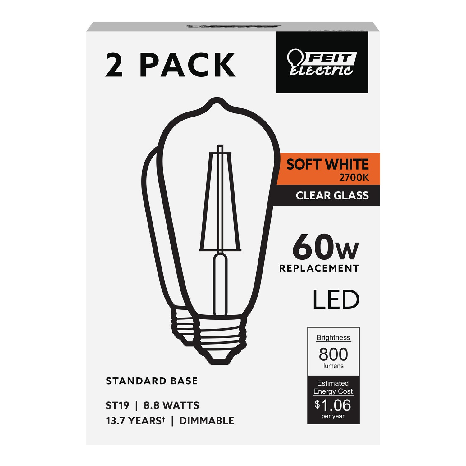 8.8W (60W Replacement) ST19 E26 Dimmable Straight Filament Clear Glass Vintage Edison LED Light Bulb, Soft White (2-Pack)