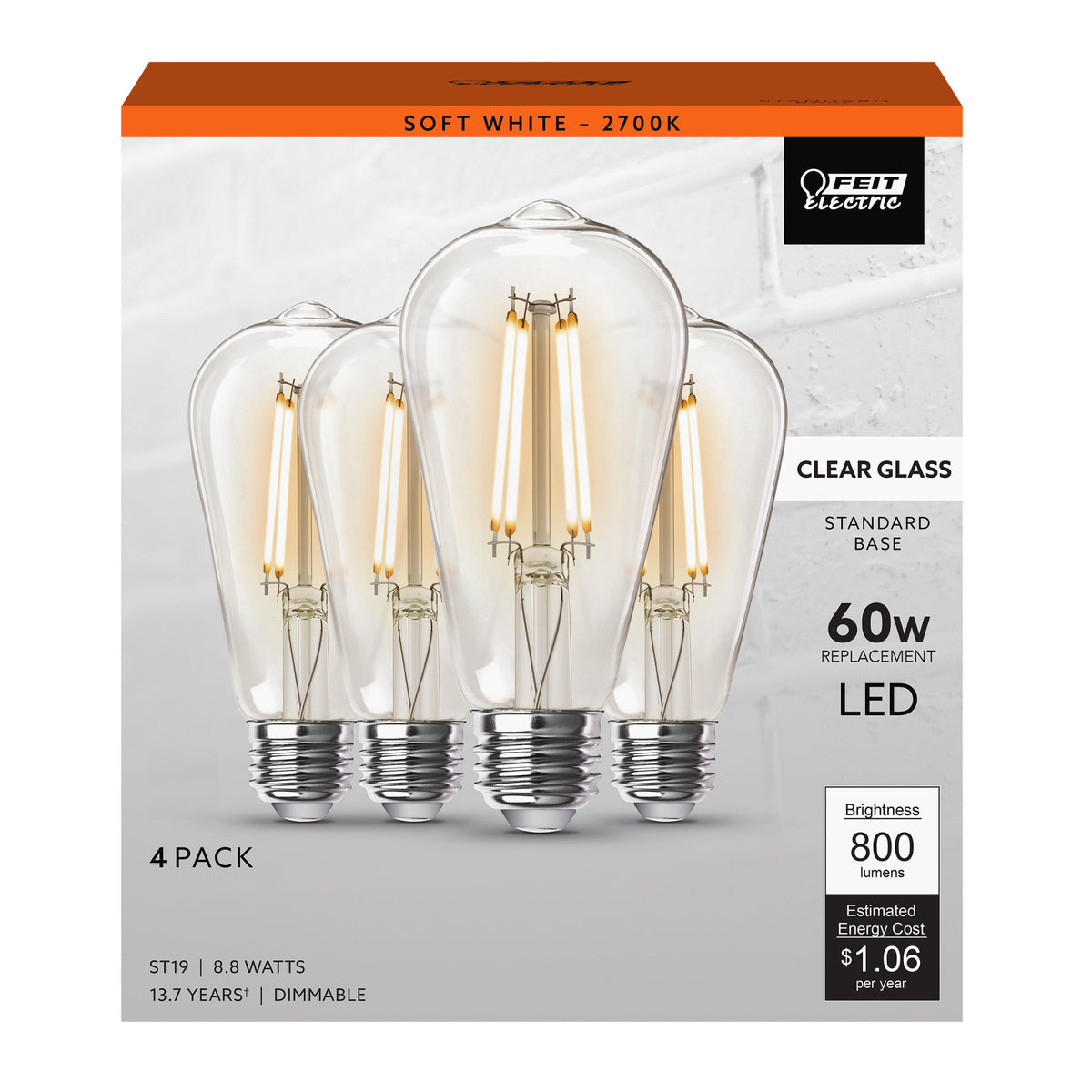 8.8W (60W Replacement) ST19 E26 Dimmable Straight Filament Clear Glass Vintage Edison LED Light Bulb, Soft White (4-Pack)