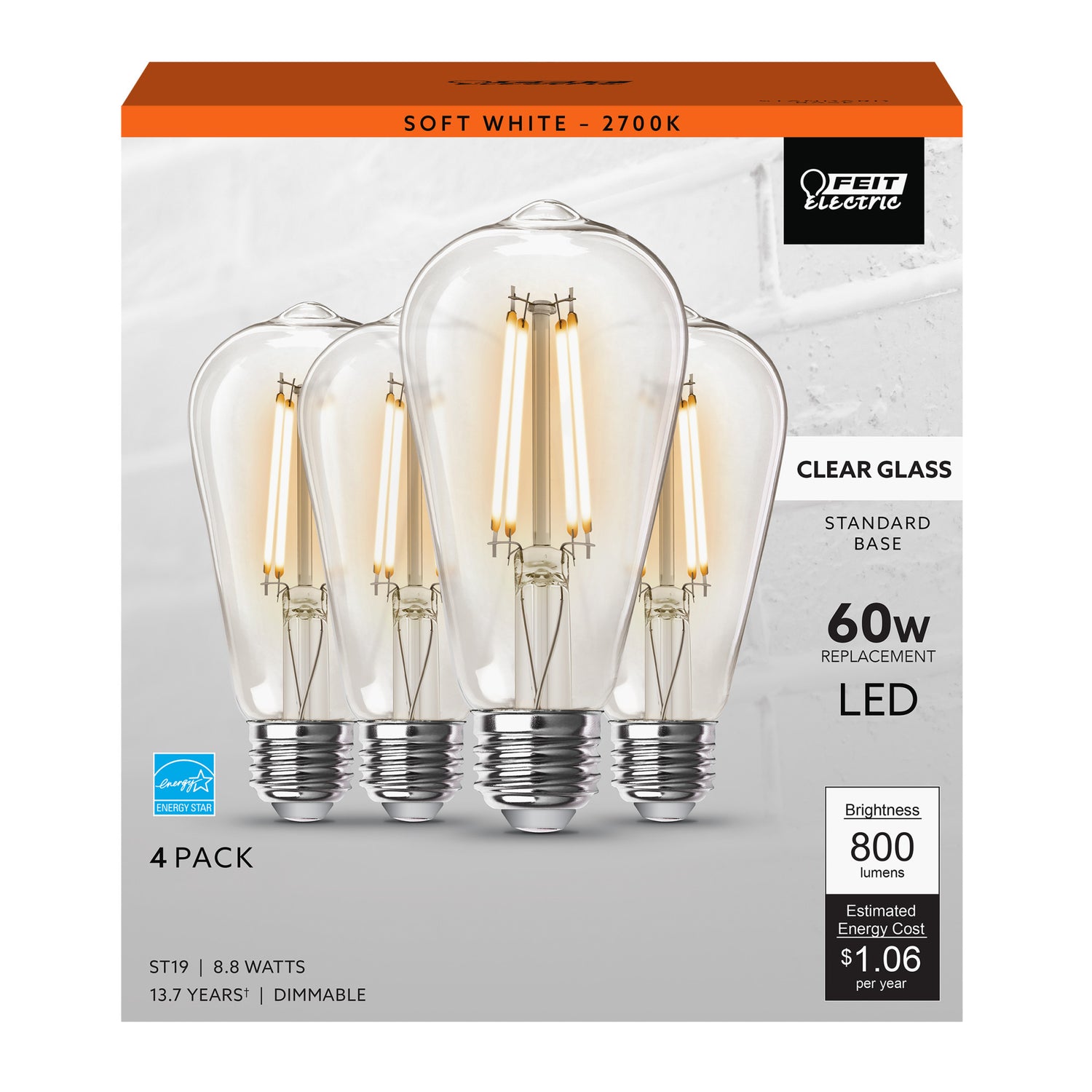 8.8W (60W Replacement) ST19 E26 Dimmable Straight Filament Clear Glass Vintage Edison LED Light Bulb, Soft White (4-Pack)