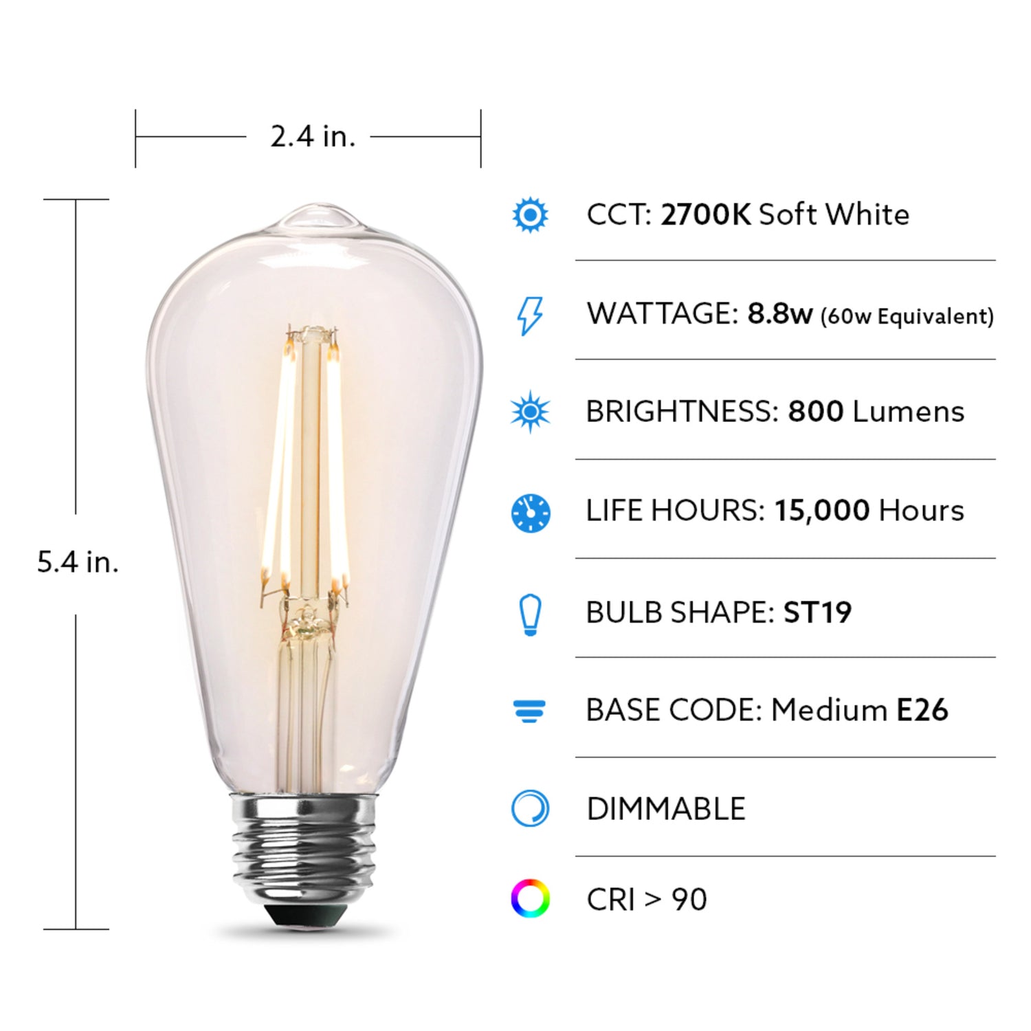 8.8W (60W Replacement) ST19 E26 Dimmable Straight Filament Clear Glass Vintage Edison LED Light Bulb, Soft White (4-Pack)