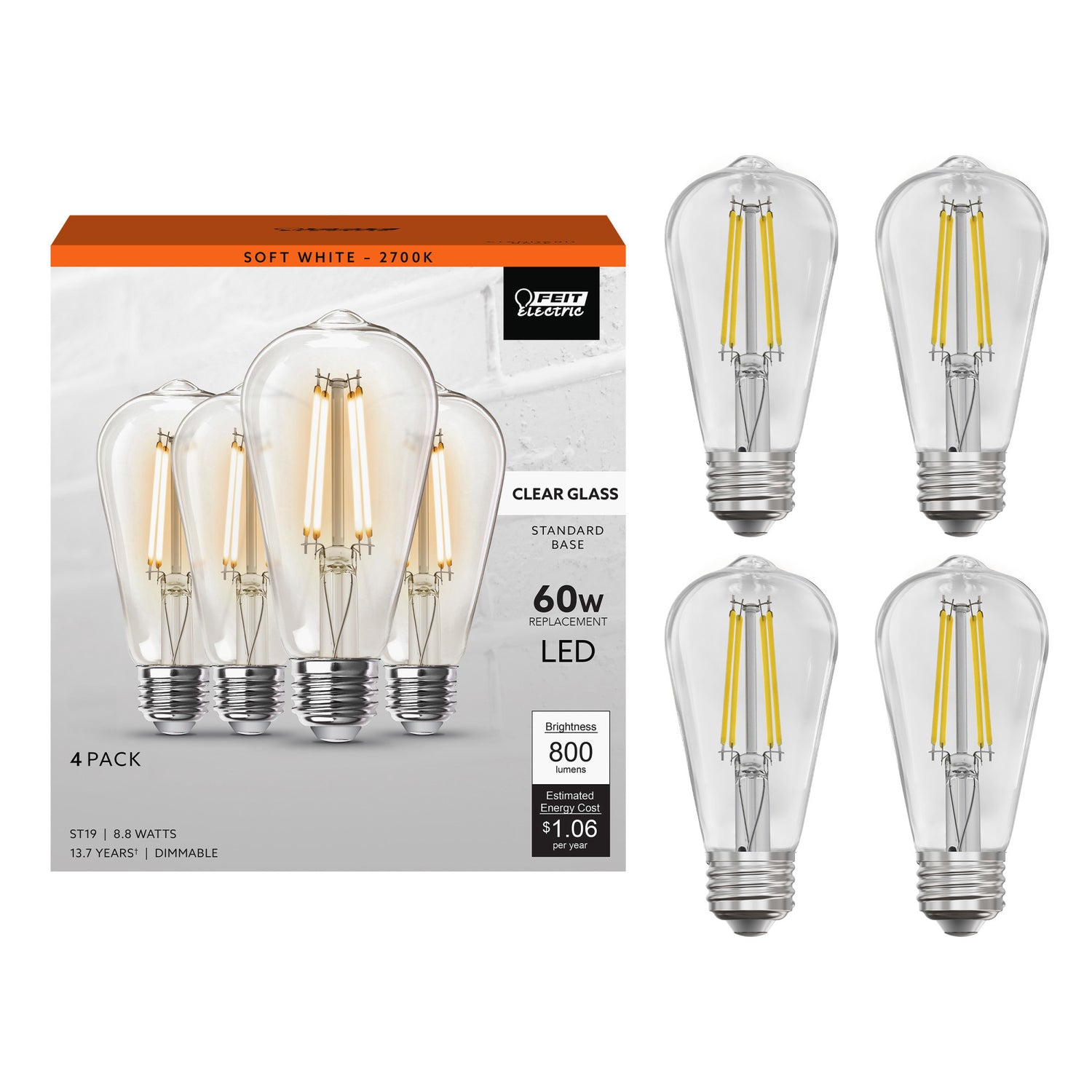 8.8W (60W Replacement) ST19 E26 Dimmable Straight Filament Clear Glass Vintage Edison LED Light Bulb, Soft White (4-Pack)