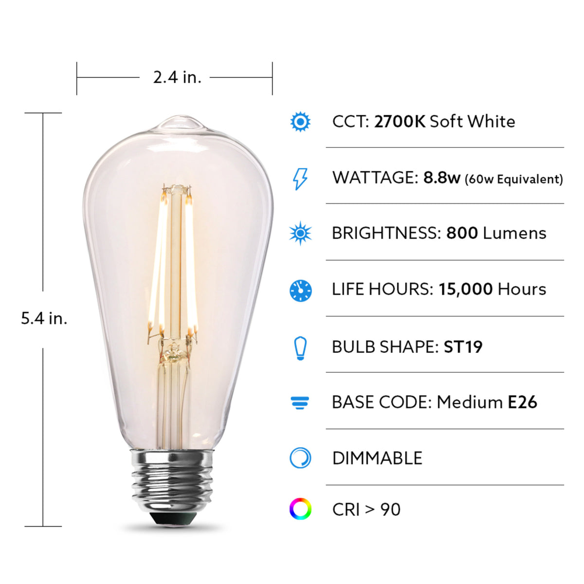 8.8W (60W Replacement) ST19 E26 Dimmable Straight Filament Clear Glass Vintage Edison LED Light Bulb, Soft White (4-Pack)