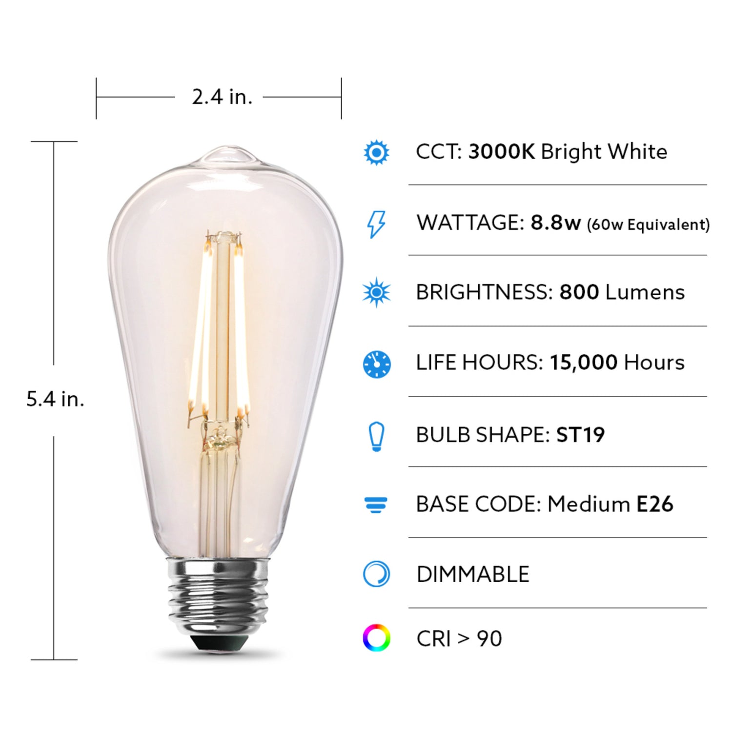 8.8W (60W Replacement) ST19 E26 Dimmable Straight Filament Clear Glass Vintage Edison LED Light Bulb, Bright White (4-Pack)