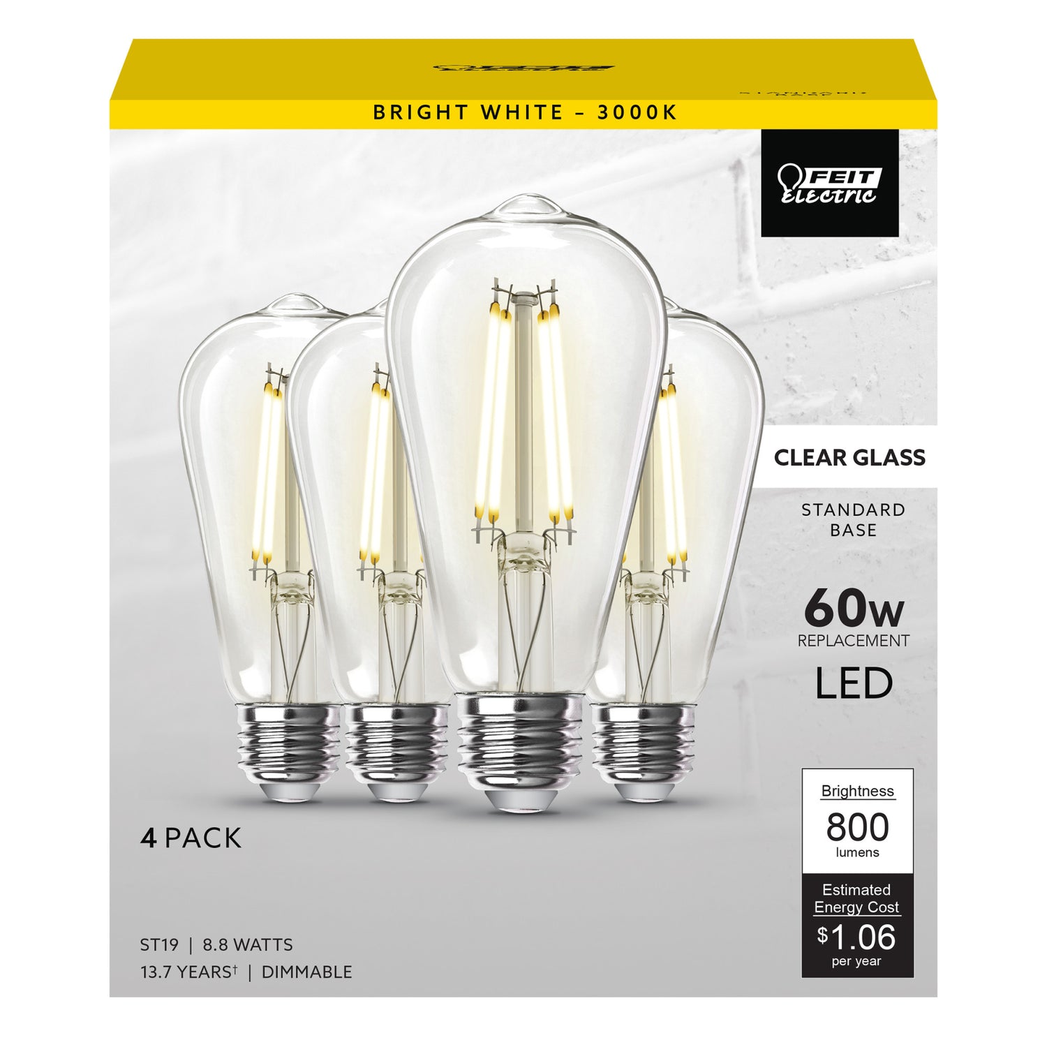 8.8W (60W Replacement) ST19 E26 Dimmable Straight Filament Clear Glass Vintage Edison LED Light Bulb, Bright White (4-Pack)